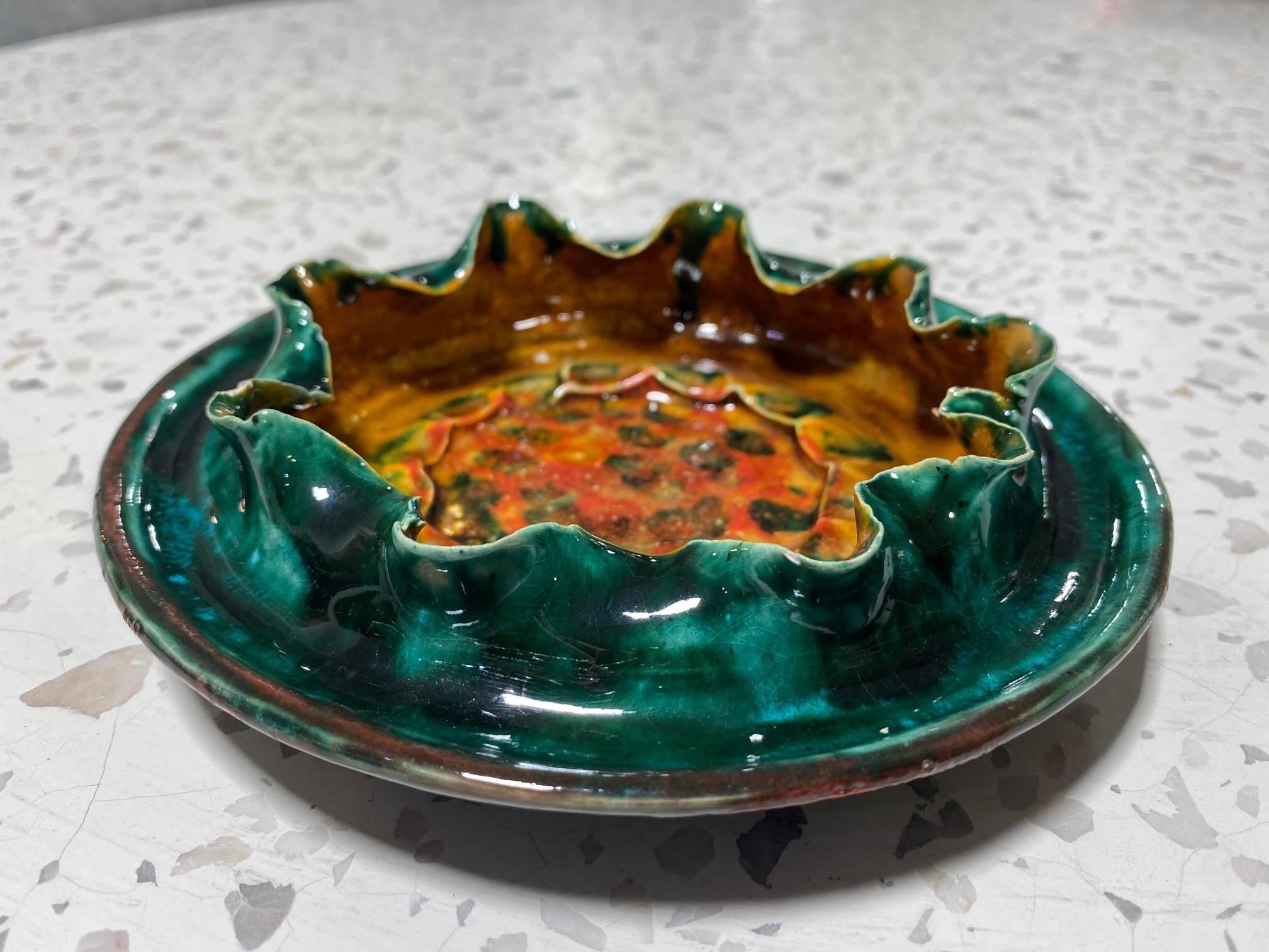 American George E. Ohr Signed Biloxi Pottery Glazed Art Ceramic Ruffled Thin Rim Bowl