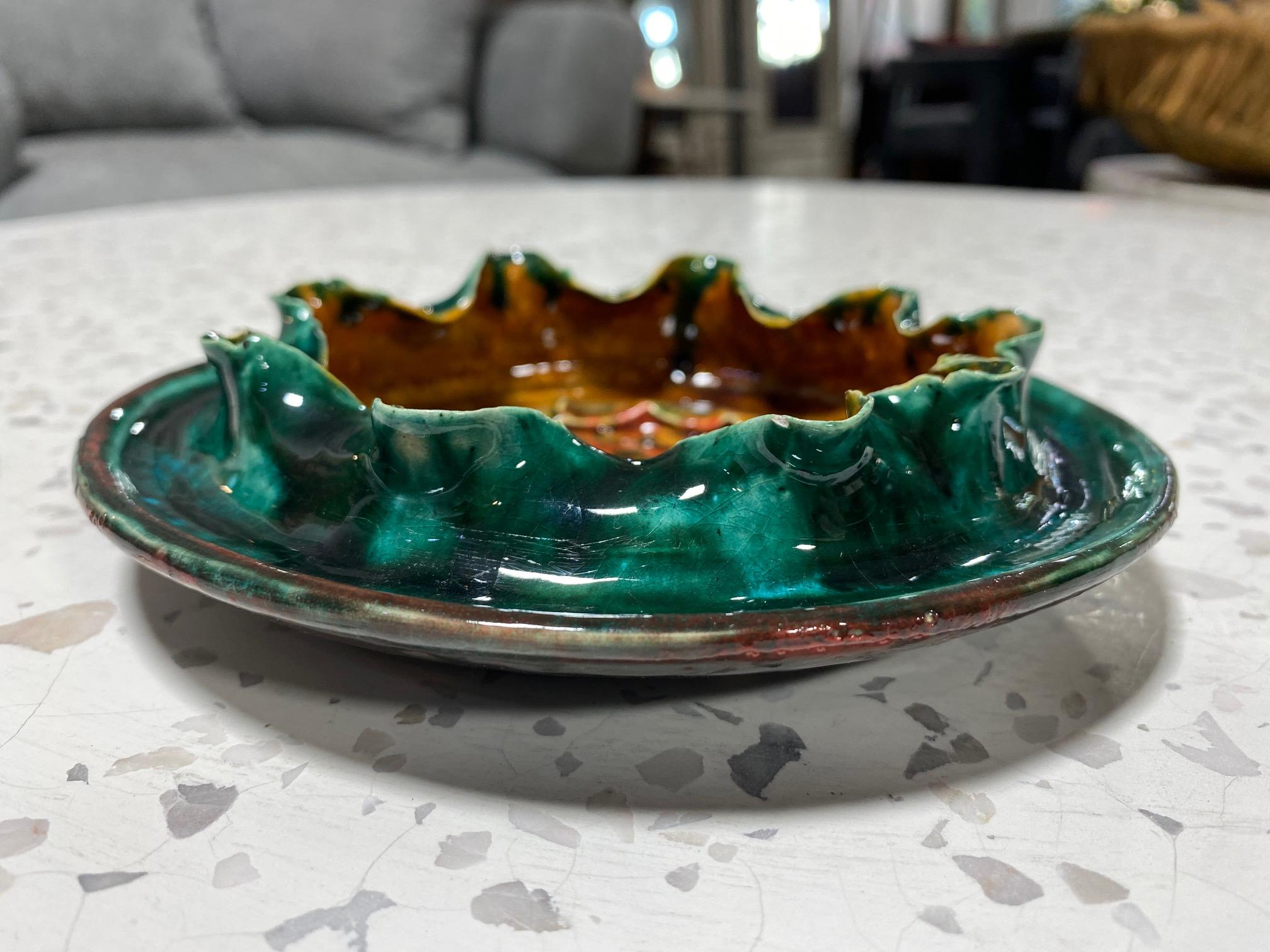 George E. Ohr Signed Biloxi Pottery Glazed Art Ceramic Ruffled Thin Rim Bowl In Good Condition In Studio City, CA