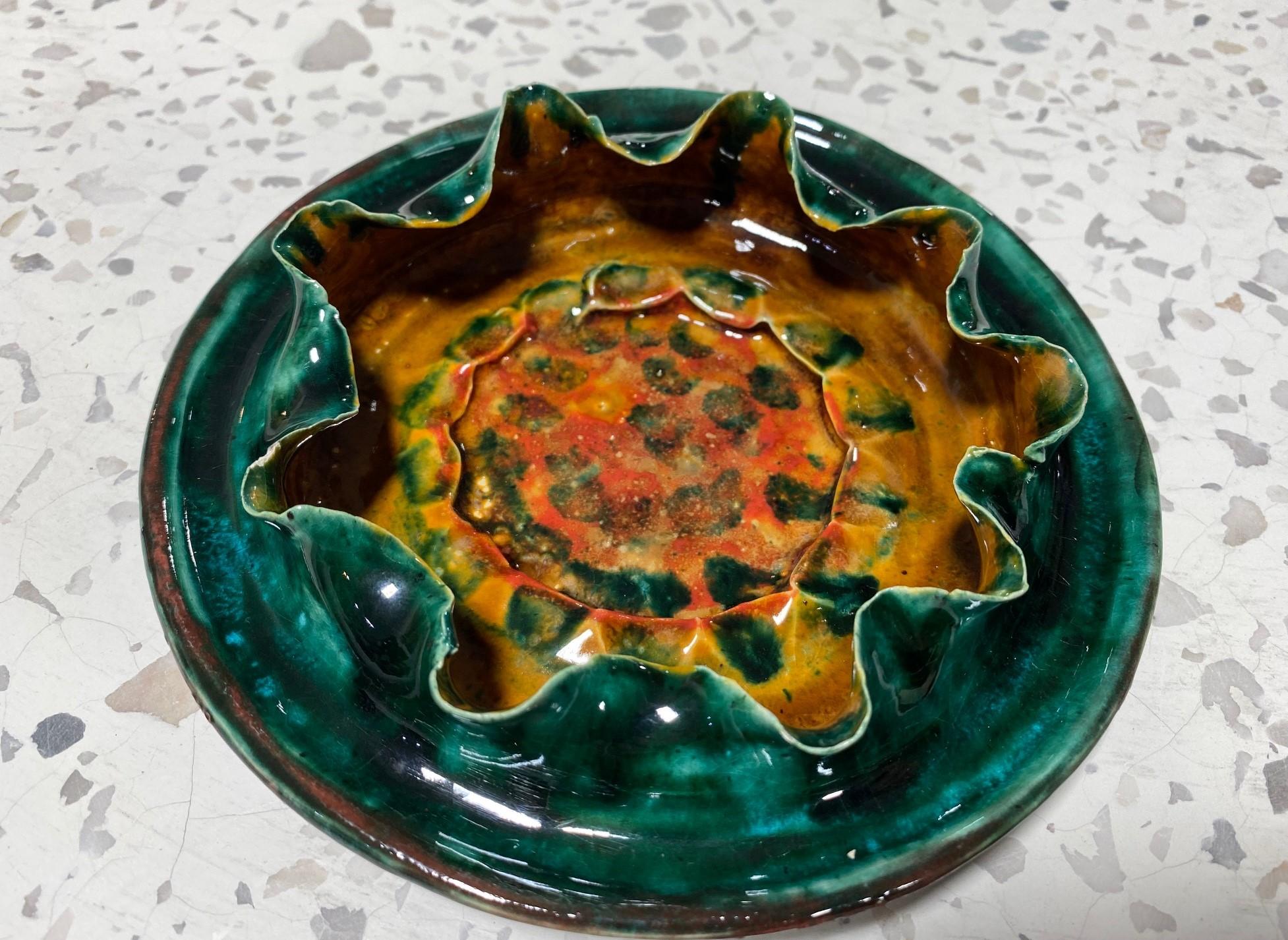 19th Century George E. Ohr Signed Biloxi Pottery Glazed Art Ceramic Ruffled Thin Rim Bowl