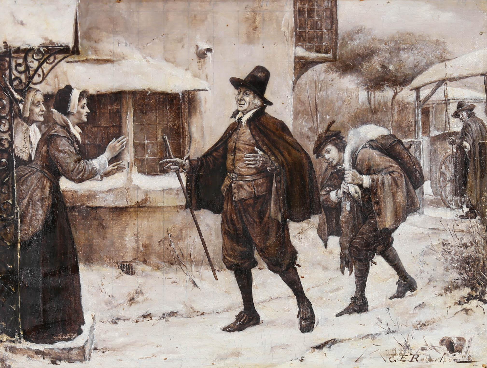 This monochrome oil painting by artist George Edward Robertson (1864-1920), depicts a gentleman returning home for the winter season. The elderly man can be seen greeting his family with open arms, while a carriage boy closely follows with his