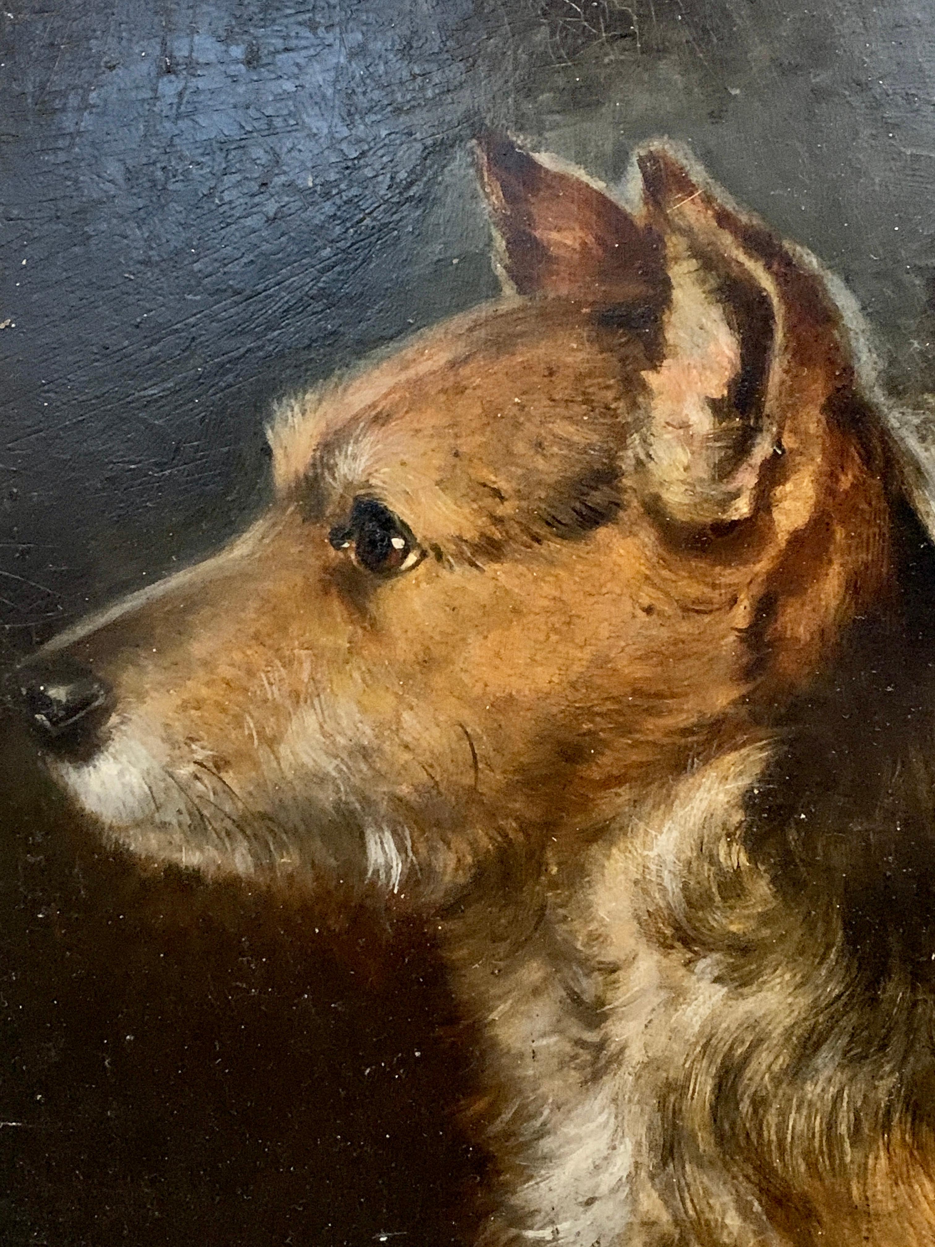 19th century Antique English portrait of a terrier dog head in profile - Painting by George Earl