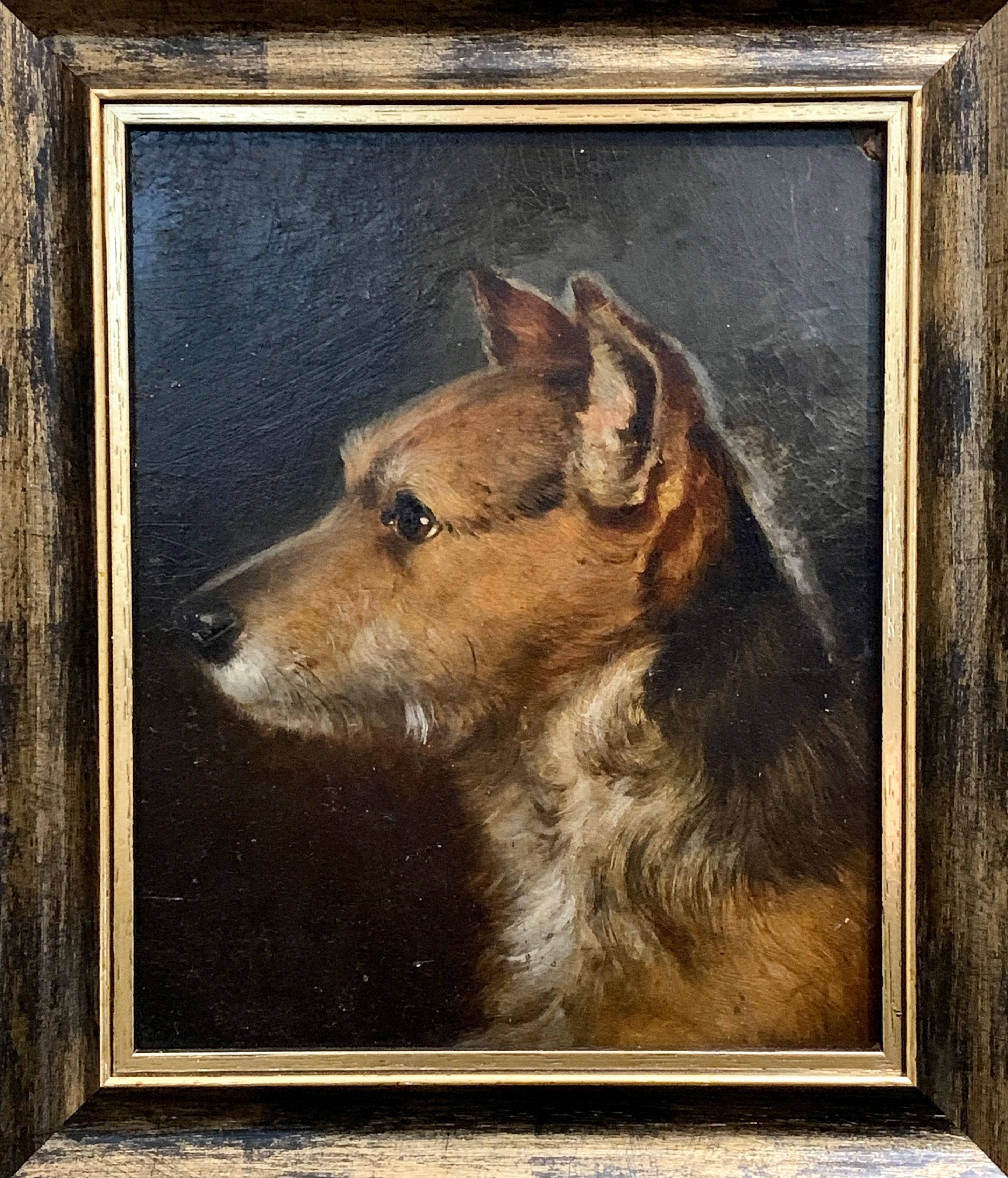 George Earl Portrait Painting - 19th century Antique English portrait of a terrier dog head in profile