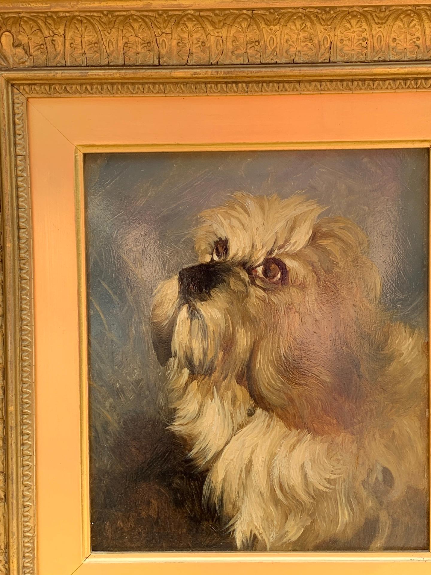 19th century English dog portrait of a Dandie Dinmont Terrier looking up  - Painting by George Earl
