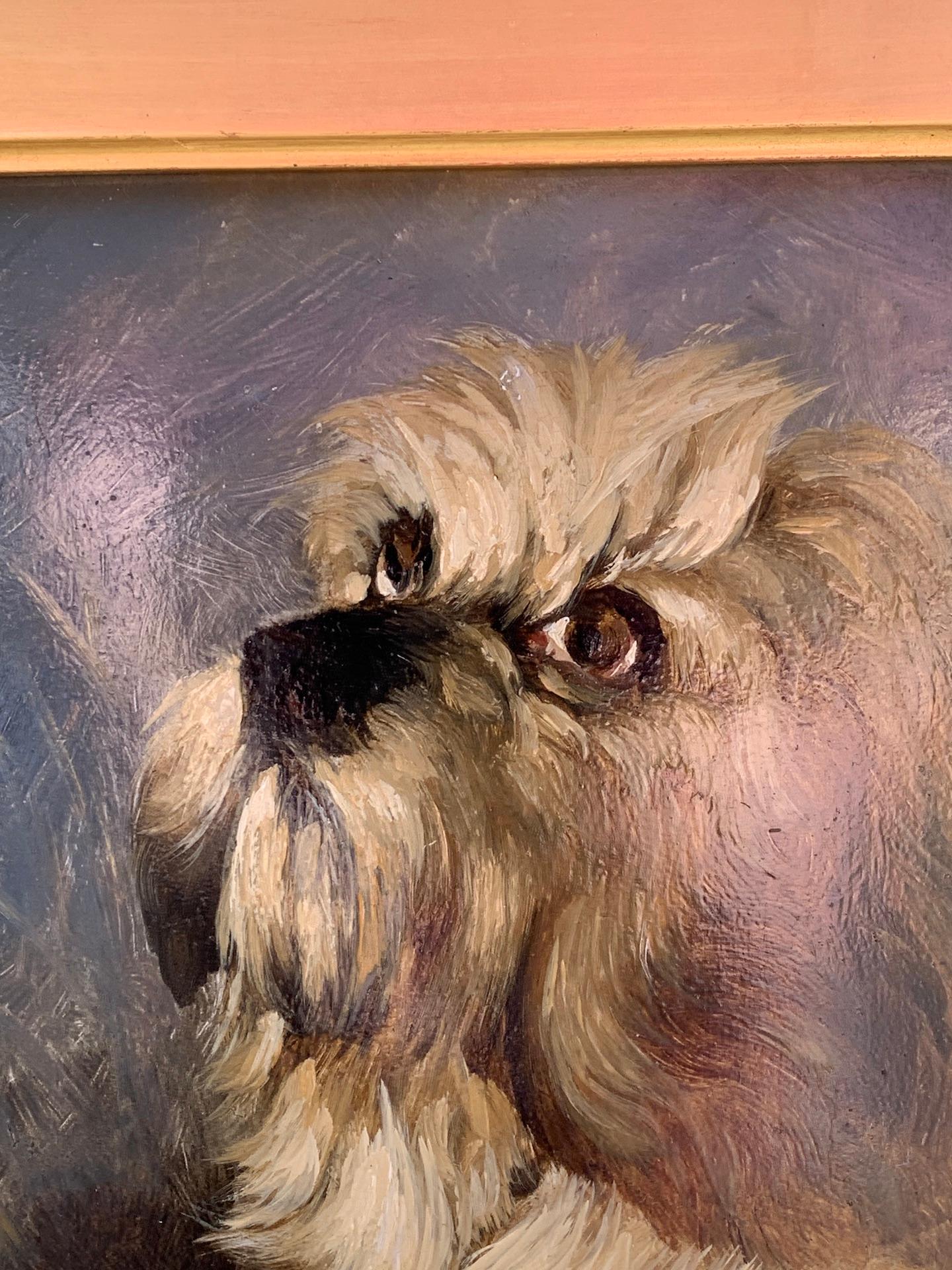 painting of dog looking at door