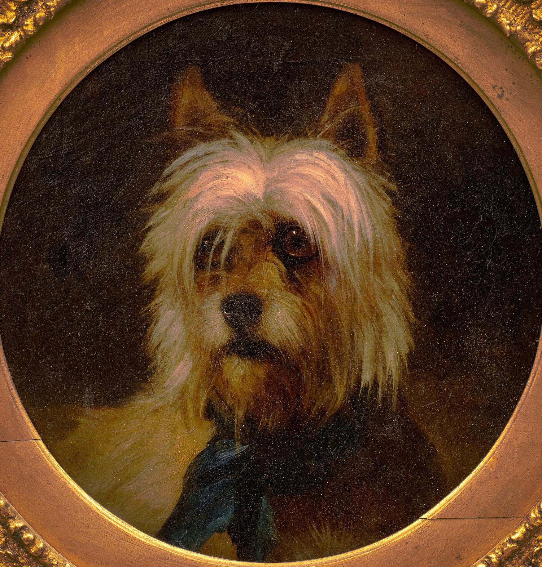 Antique Dog Painting of a Terrier: “The Shah” 
George Earl (England, 1824-1908)
Circa 1870
Oil on canvas.
12 ¾ x 12 ¾ (21 x 21 frame) inches.
Original ornate gilt stucco frame.

Superb animal painting by George Earl, a great specialist in the genre.