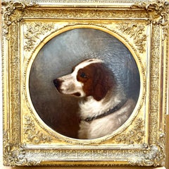 Antique English Victorian 19th century portrait of a brown and white Spaniel dog