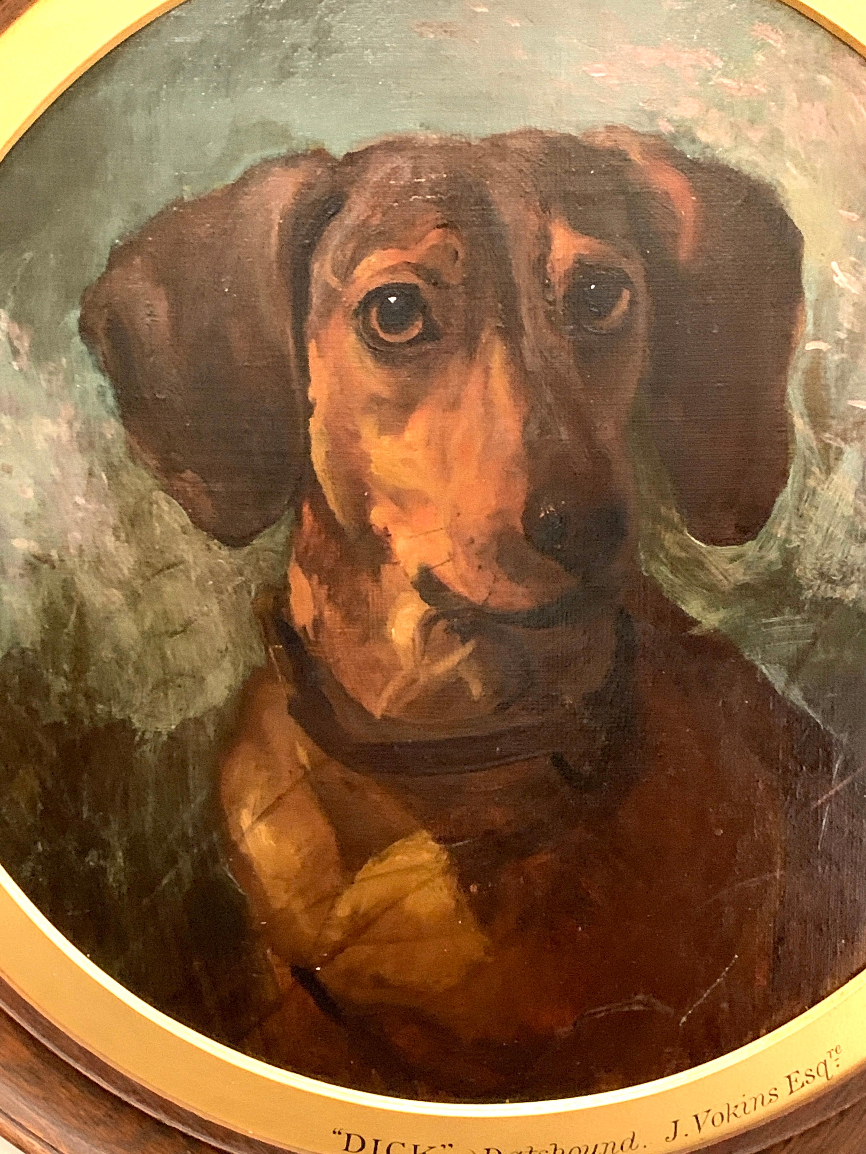 English Victorian 19th century portrait of a brown Dachshund dog or sausage dog - Painting by George Earl