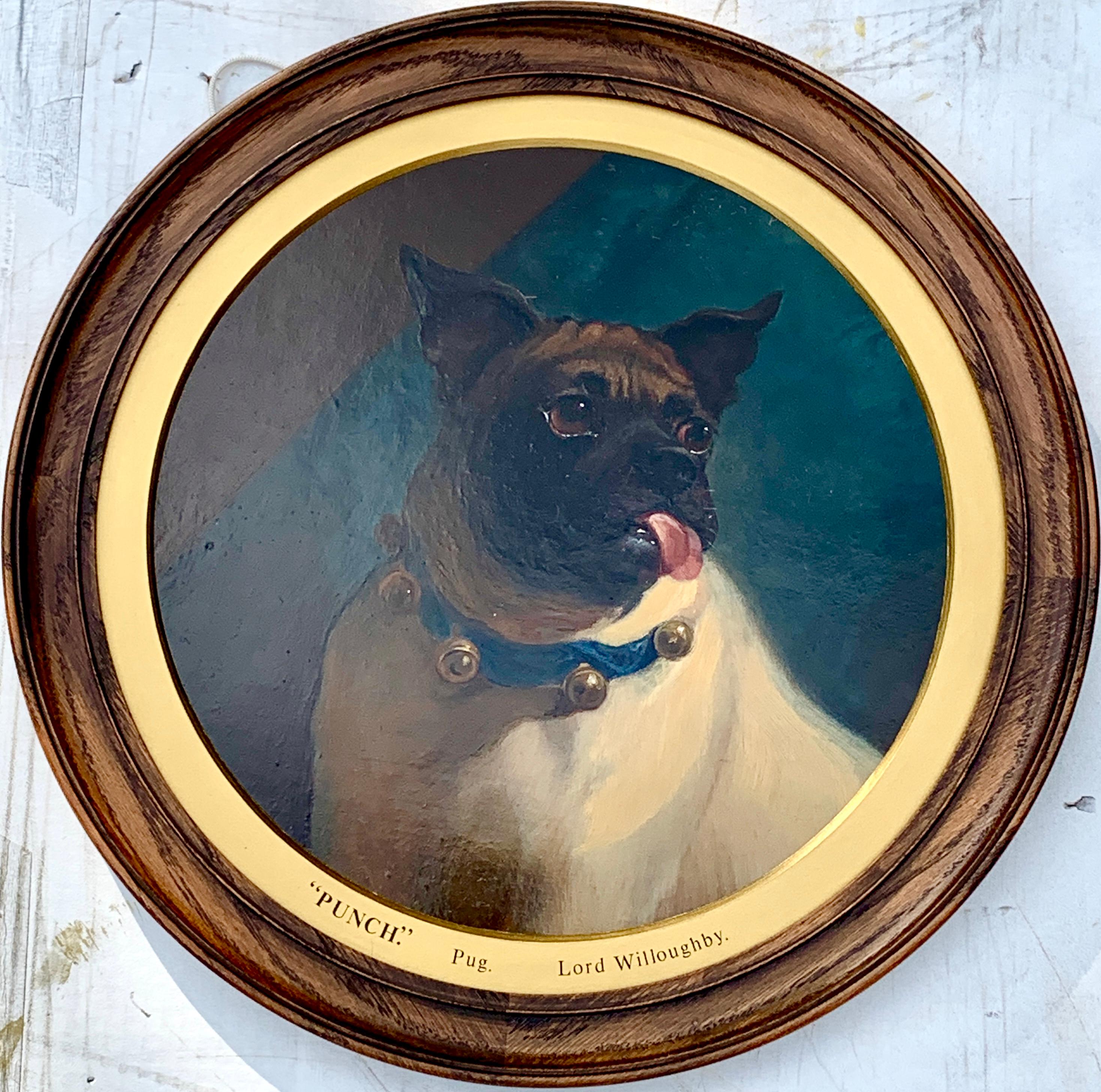 English Victorian 19th century portrait of a Pug dog with a blue bell collar  - Painting by George Earl