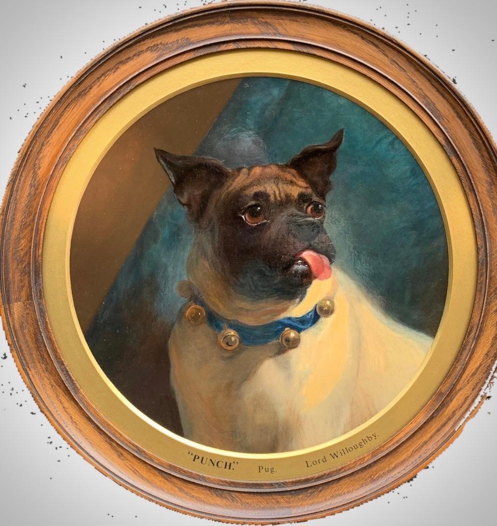 George Earl Animal Painting - English Victorian 19th century portrait of a Pug dog with a blue bell collar 