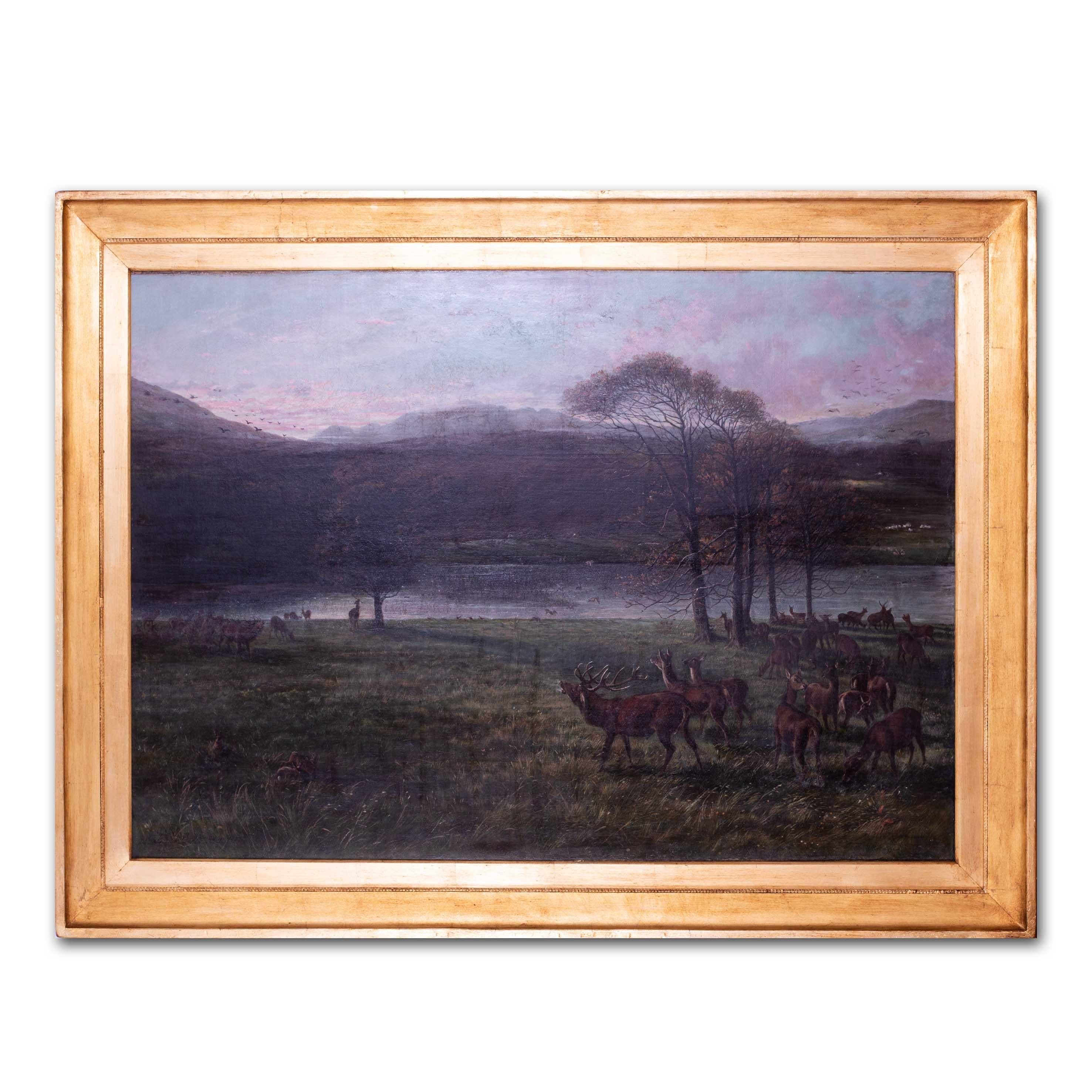 Large landscape oil painting of the Deer Park at Vaynol country estate, Wales - Brown Landscape Painting by George Earl