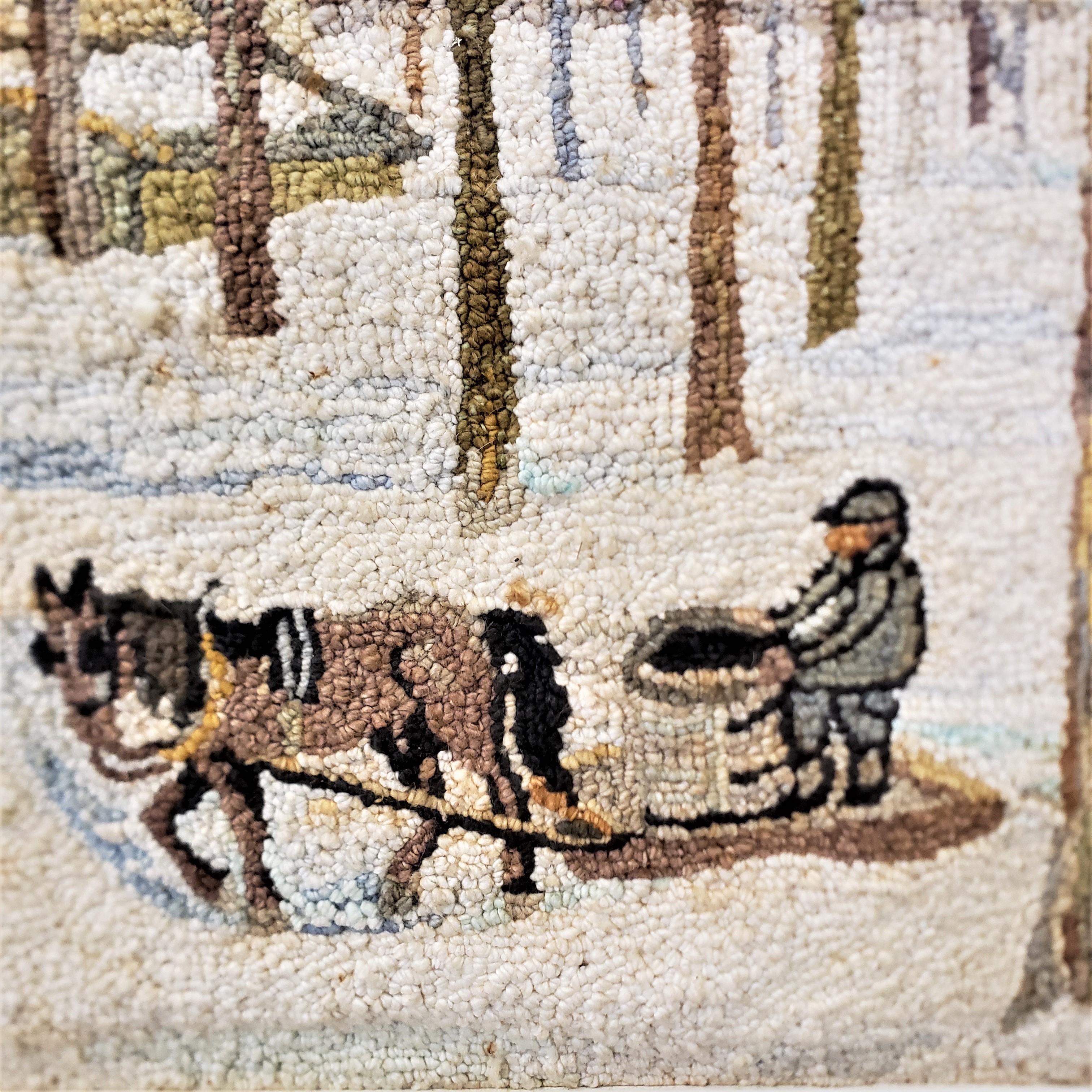 George Edouard Tremblay Folk Art Hooked Rug, Mat or Tapestry of a Winter Scene For Sale 3