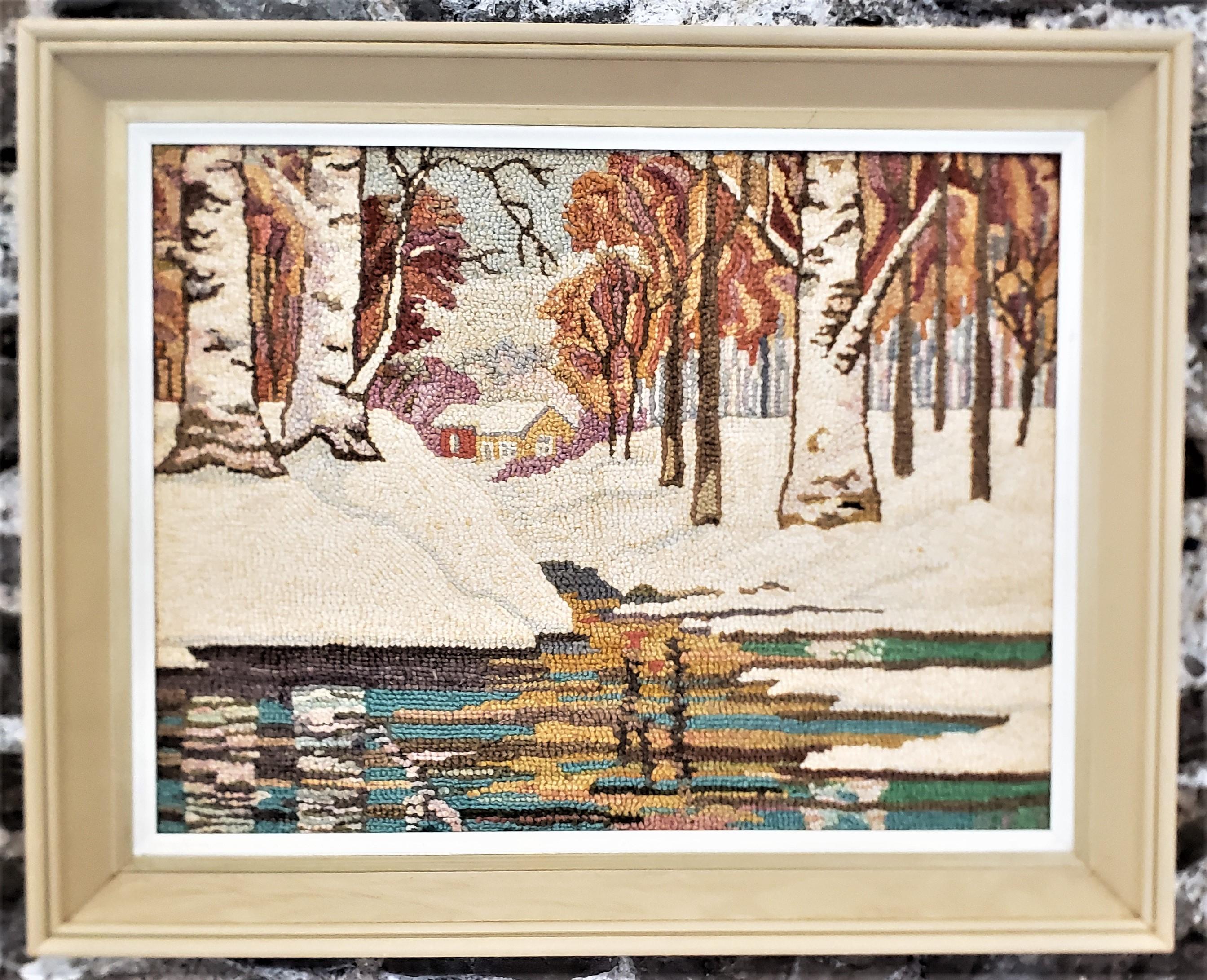 Ce tapis crocheté encadré a été réalisé par le célèbre George Edouard Tremblay du Québec (Canada) vers 1940 dans le style Folk Art de l'époque. Le tapis ou la natte est fait de laine sur de la toile de jute qui a été montée sur une planche de