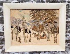 Tappeto, stuoia o arazzo di George Edouard Tremblay in stile Folk Art raffigurante una scena invernale