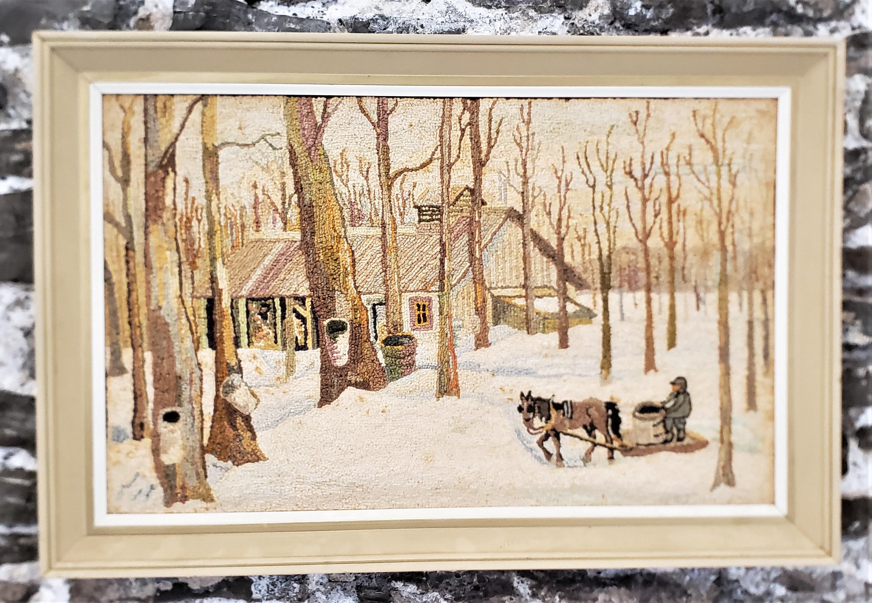 Dieser gerahmte Hakenteppich wird dem bekannten Künstler George Edouard Tremblay aus Quebec, Kanada, zugeschrieben. Er stammt aus der Zeit um 1940 und ist im Stil der Volkskunst gehalten. Der Teppich oder die Matte ist aus Wolle auf Sackleinen