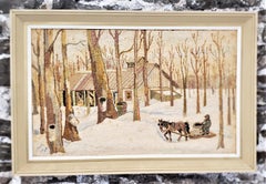 Tappeto, stuoia o arazzo di George Edouard Tremblay in stile Folk Art raffigurante una scena invernale