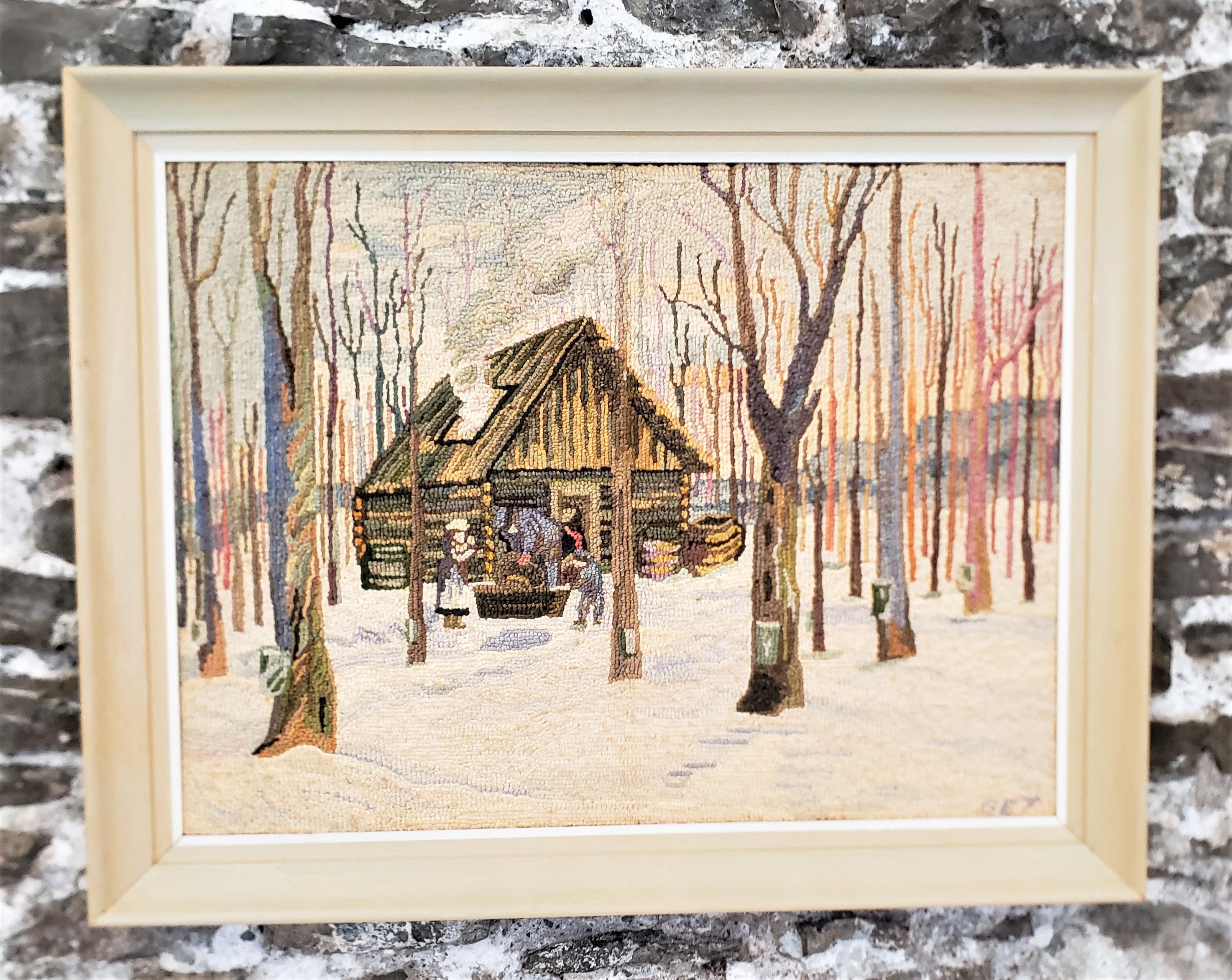 This framed hooked rug or mat was done by the well known artist George Edouard Tremblay of Quebec Canada in approximately 1940 in his period Folk Art style. The rug or mat is done with wool on burlap which has been mounted on masonite board and
