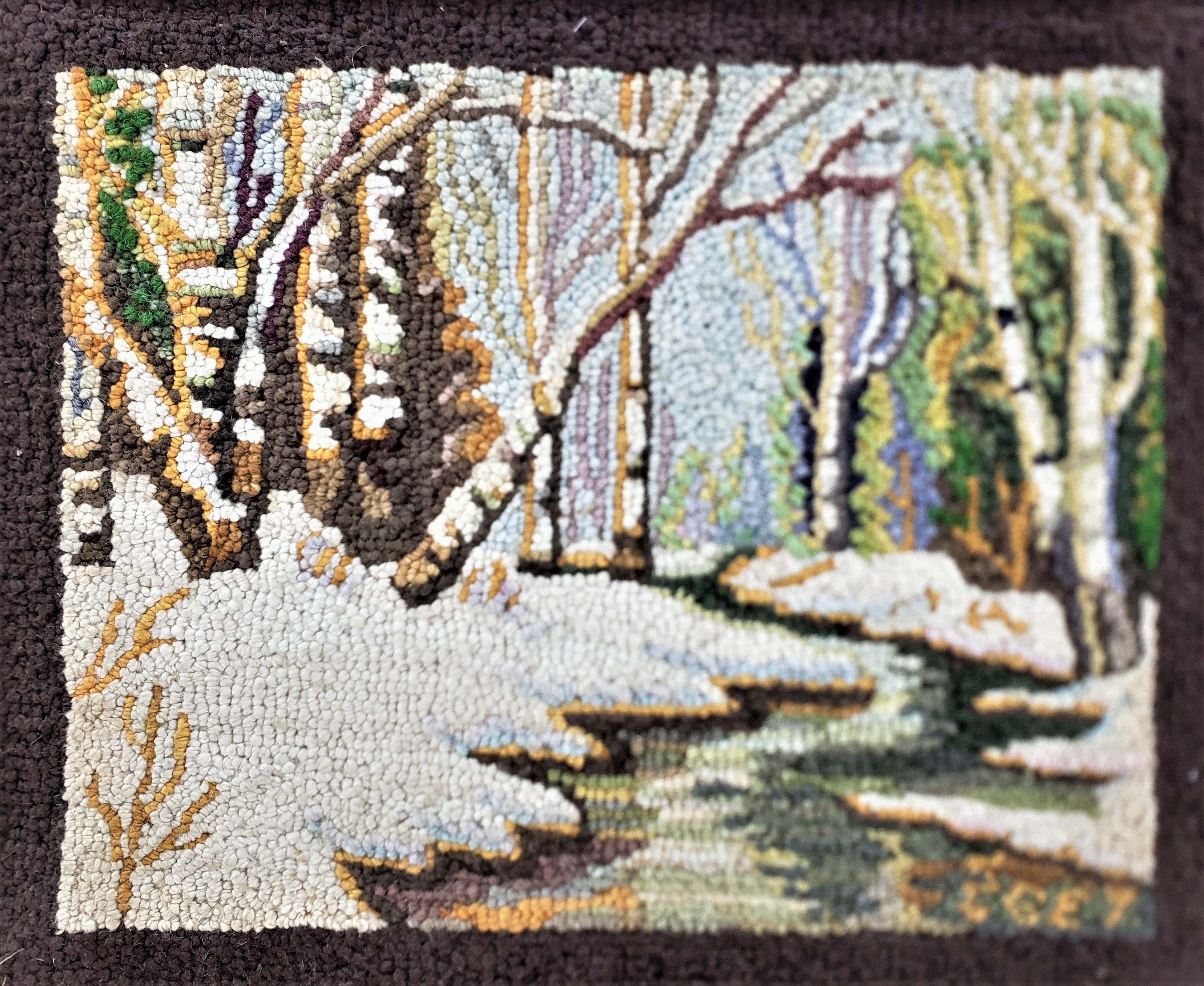 Canadian George Edouard Tremblay Folk Art Hooked Rug, Mat or Tapestry of a Winter Scene For Sale