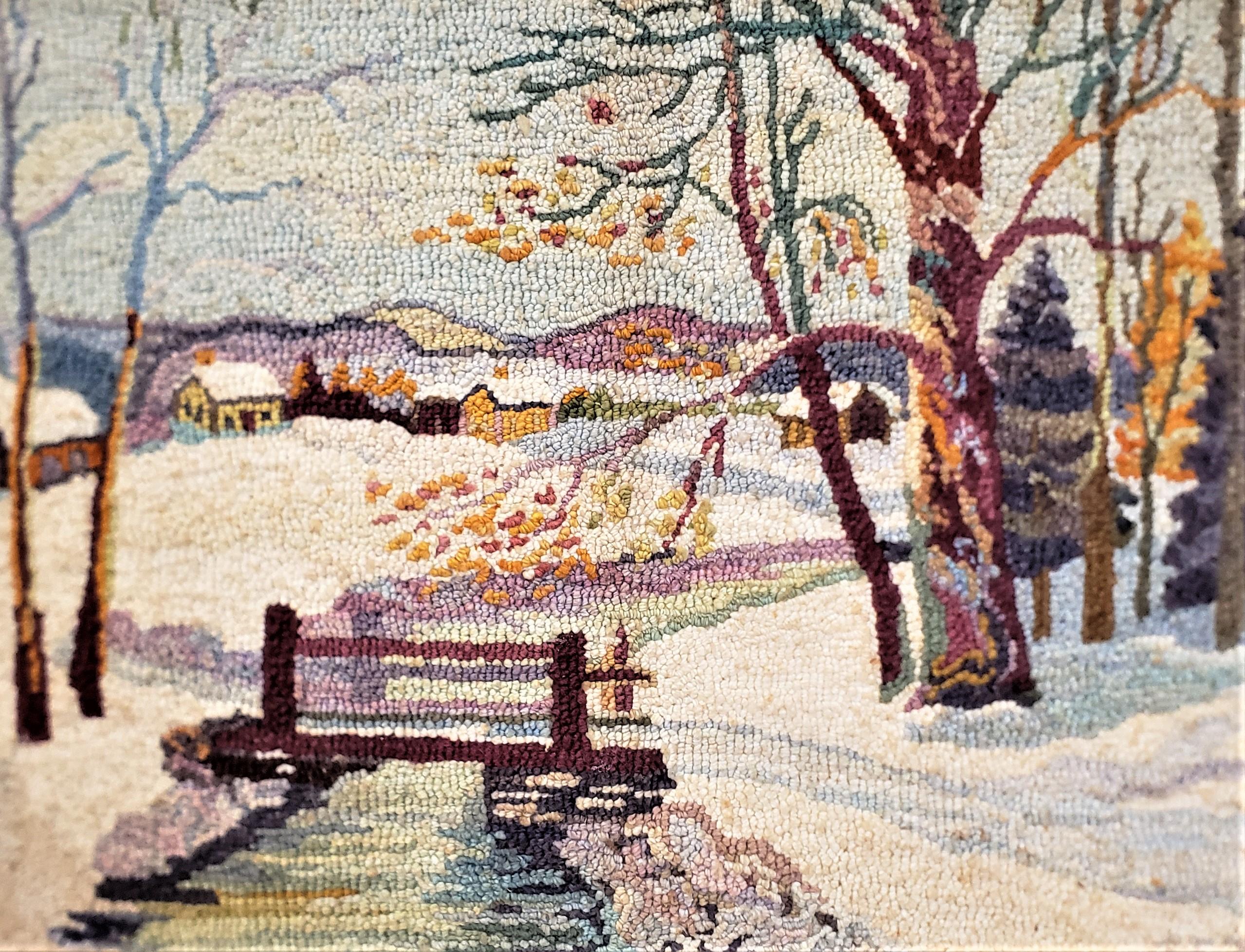 Canadian George Edouard Tremblay Folk Art Hooked Rug, Mat or Tapestry of a Winter Scene For Sale