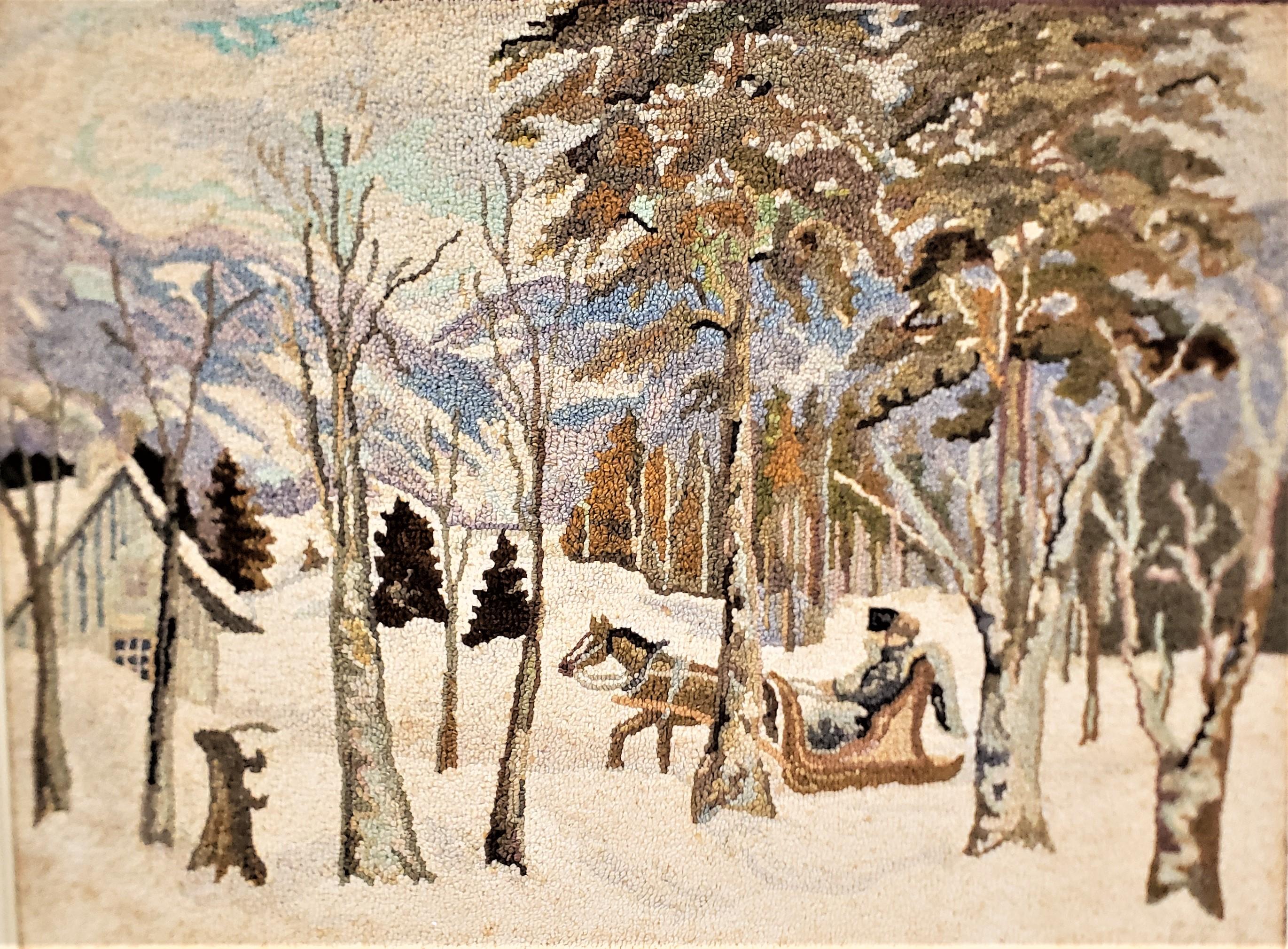 Artisanat Tapis à capuche d'art populaire de George Edouard Tremblay, tapis ou tapisserie représentant une scène d'hiver en vente
