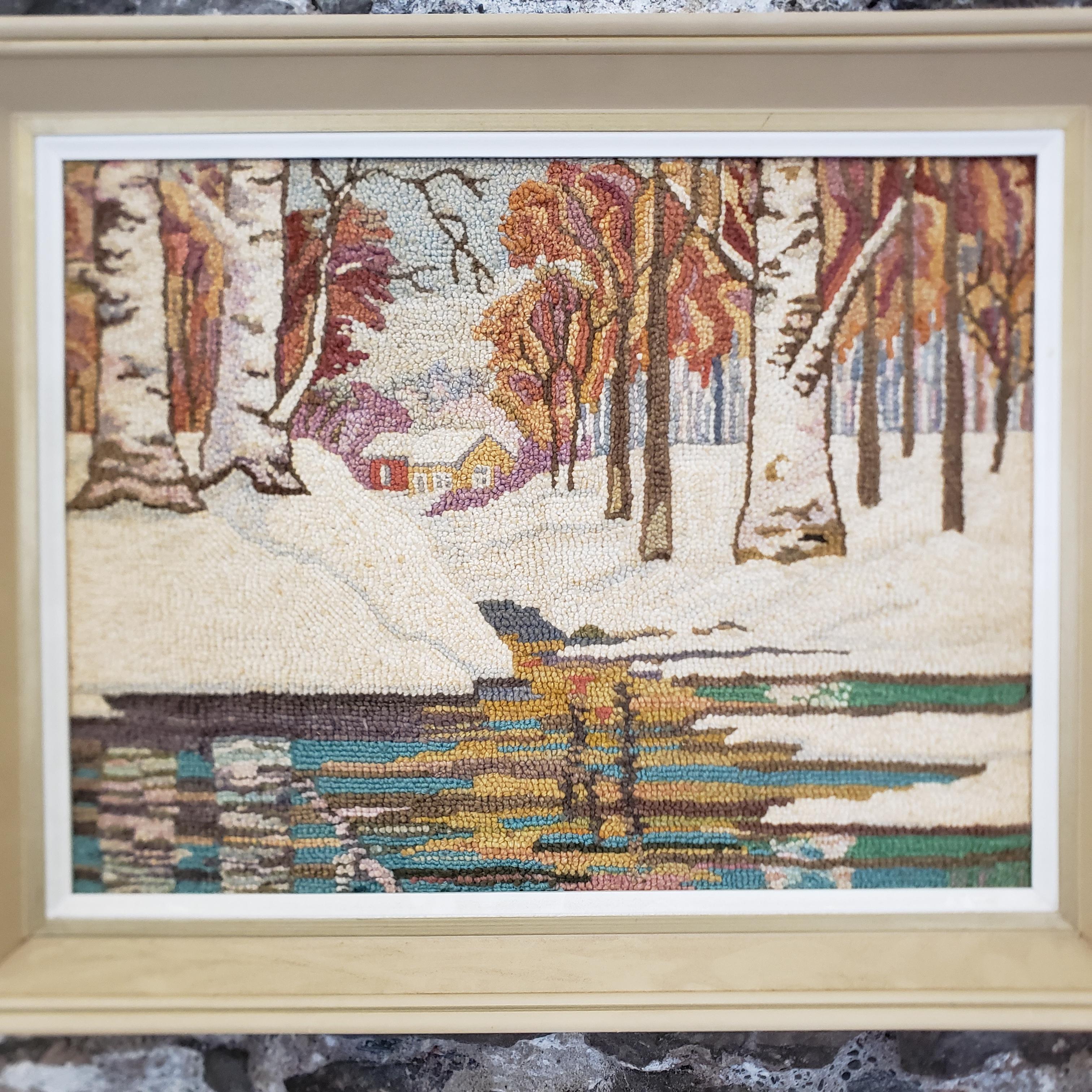 Canadian George Edouard Tremblay Folk Art Hooked Rug, Mat or Tapestry of a Winter Scene For Sale