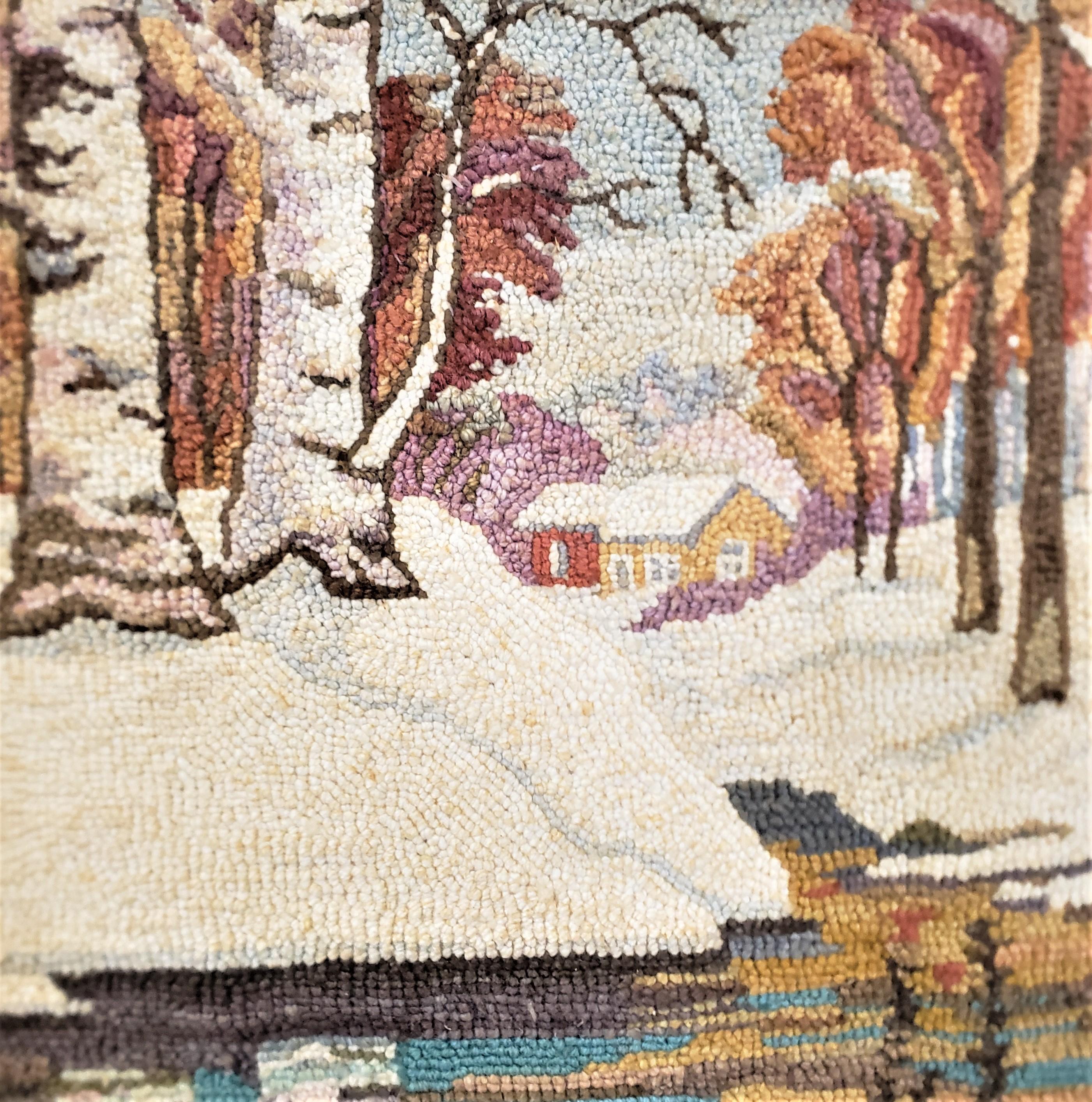 Fait main Tapis à capuche d'art populaire de George Edouard Tremblay, tapis ou tapisserie représentant une scène d'hiver en vente