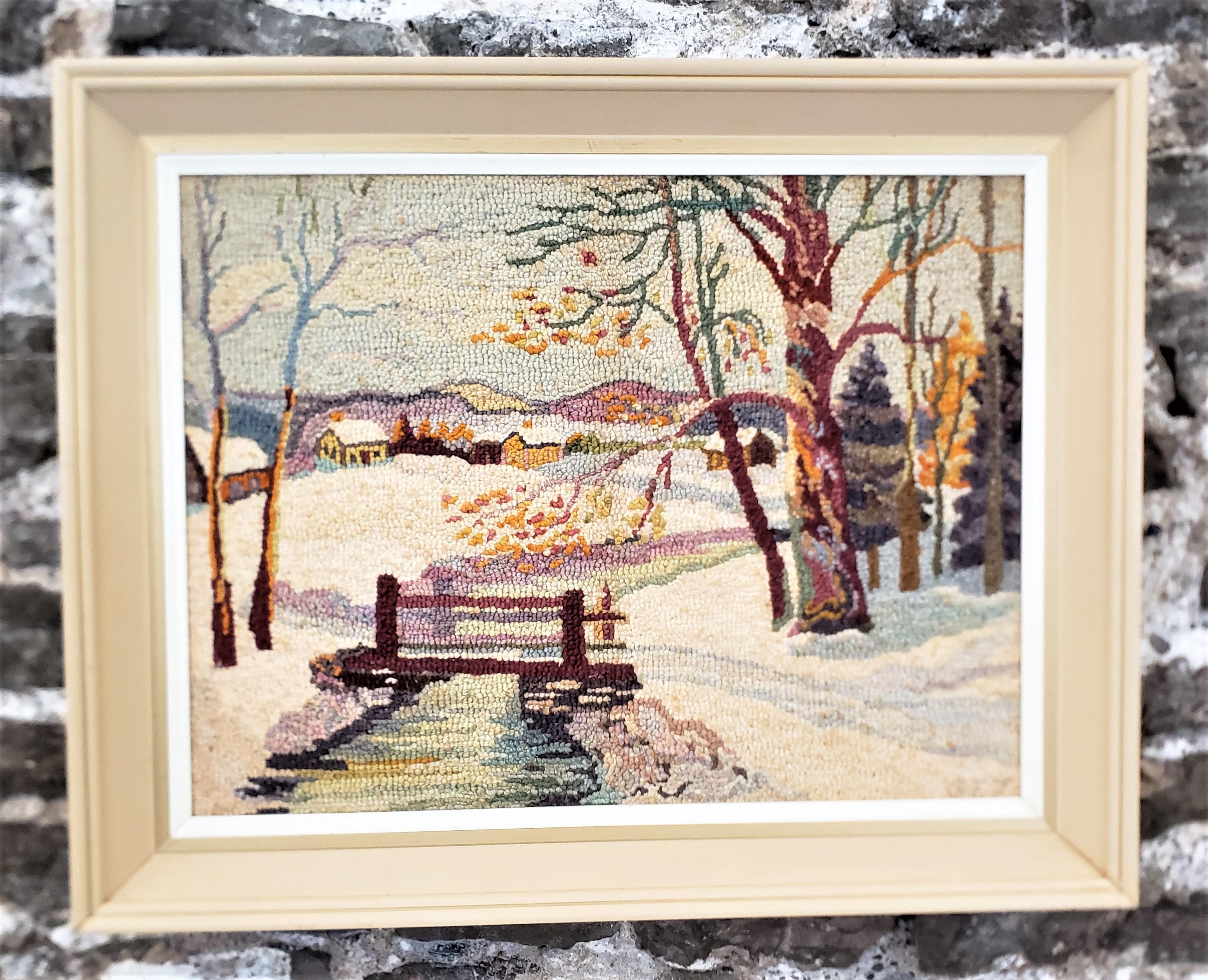 George Edouard Tremblay Folk Art Hooked Rug, Mat or Tapestry of a Winter Scene In Good Condition For Sale In Hamilton, Ontario