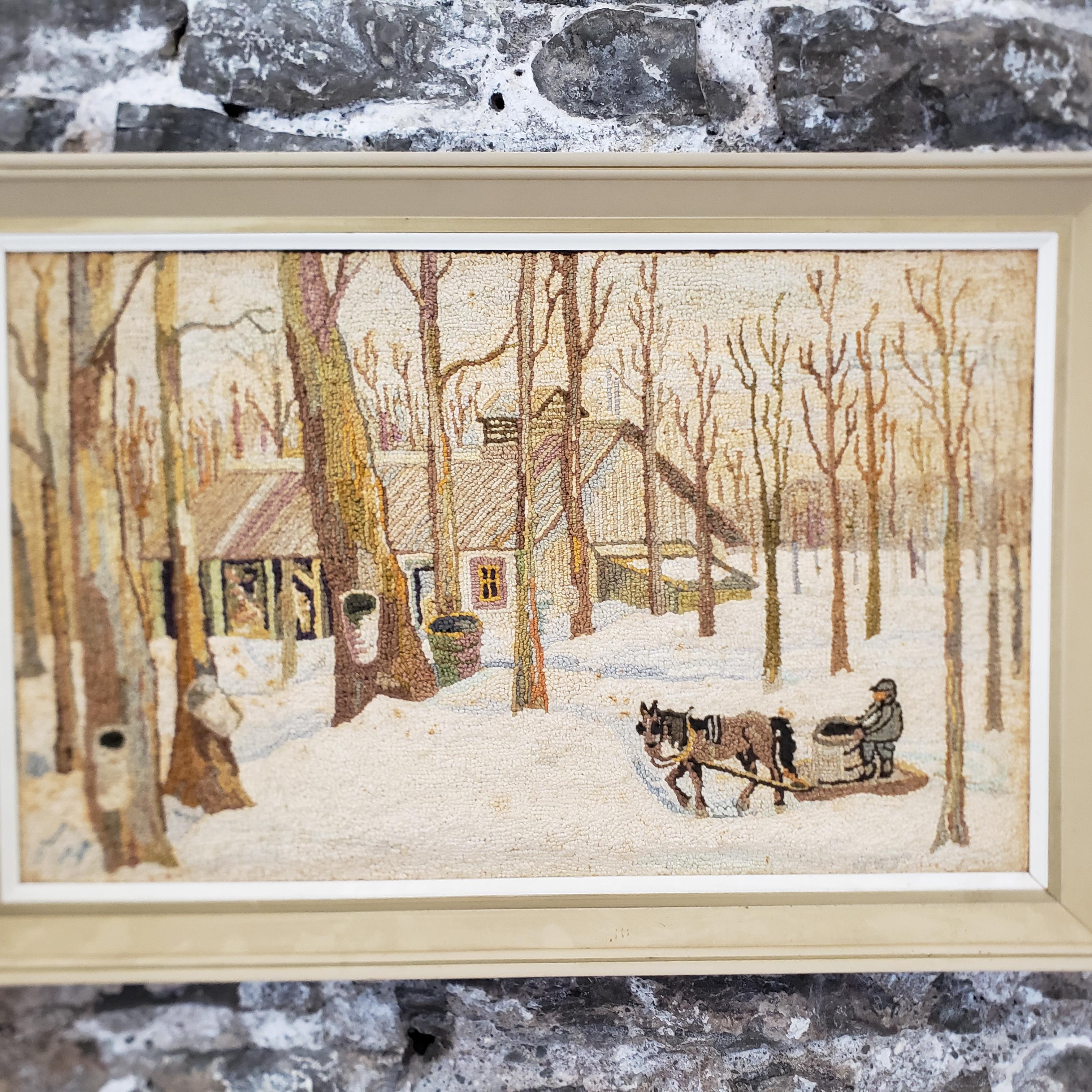 Tapis à capuche d'art populaire de George Edouard Tremblay, tapis ou tapisserie représentant une scène d'hiver Bon état - En vente à Hamilton, Ontario