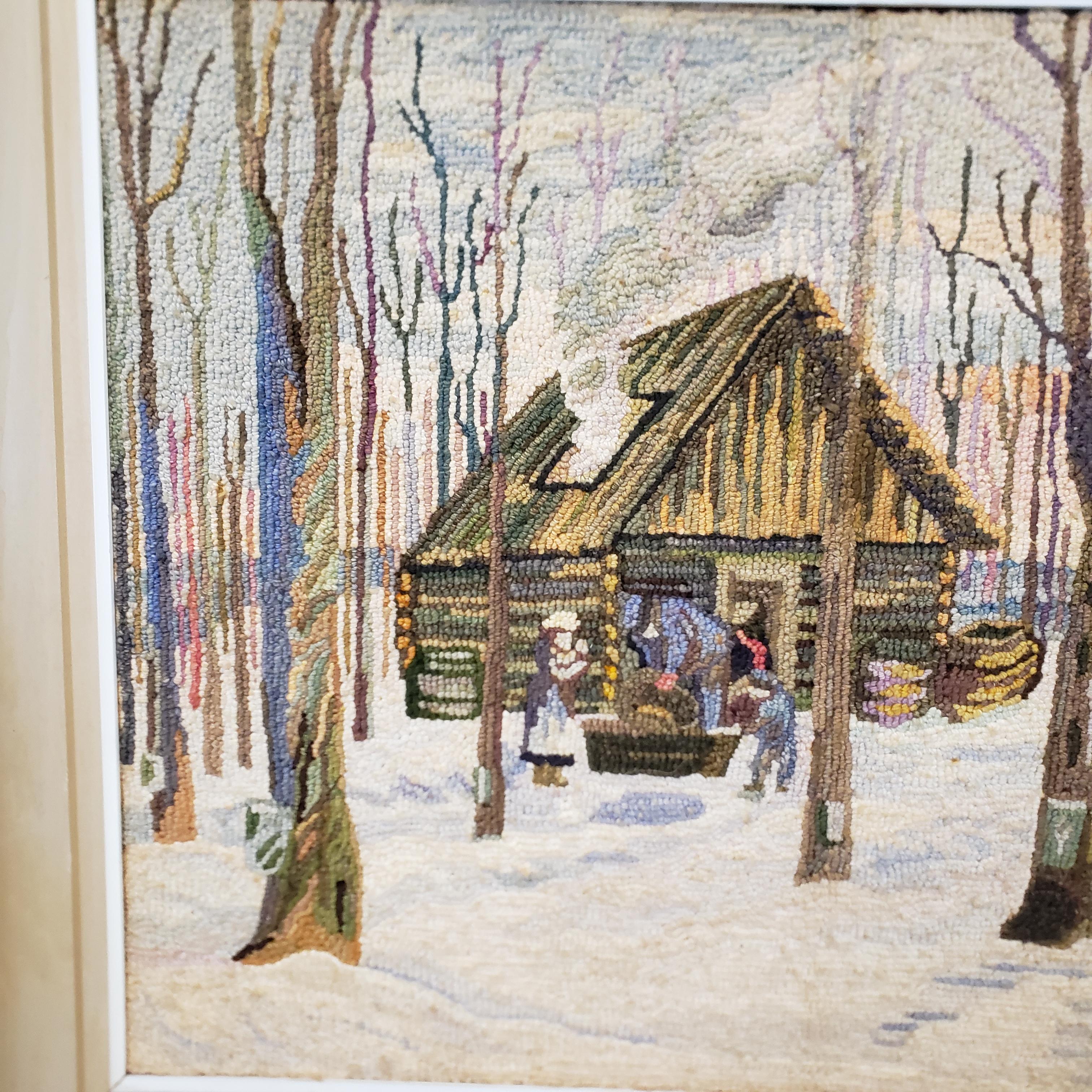 George Edouard Tremblay Folk Art Hooked Rug, Mat or Tapestry of a Winter Scene In Good Condition For Sale In Hamilton, Ontario