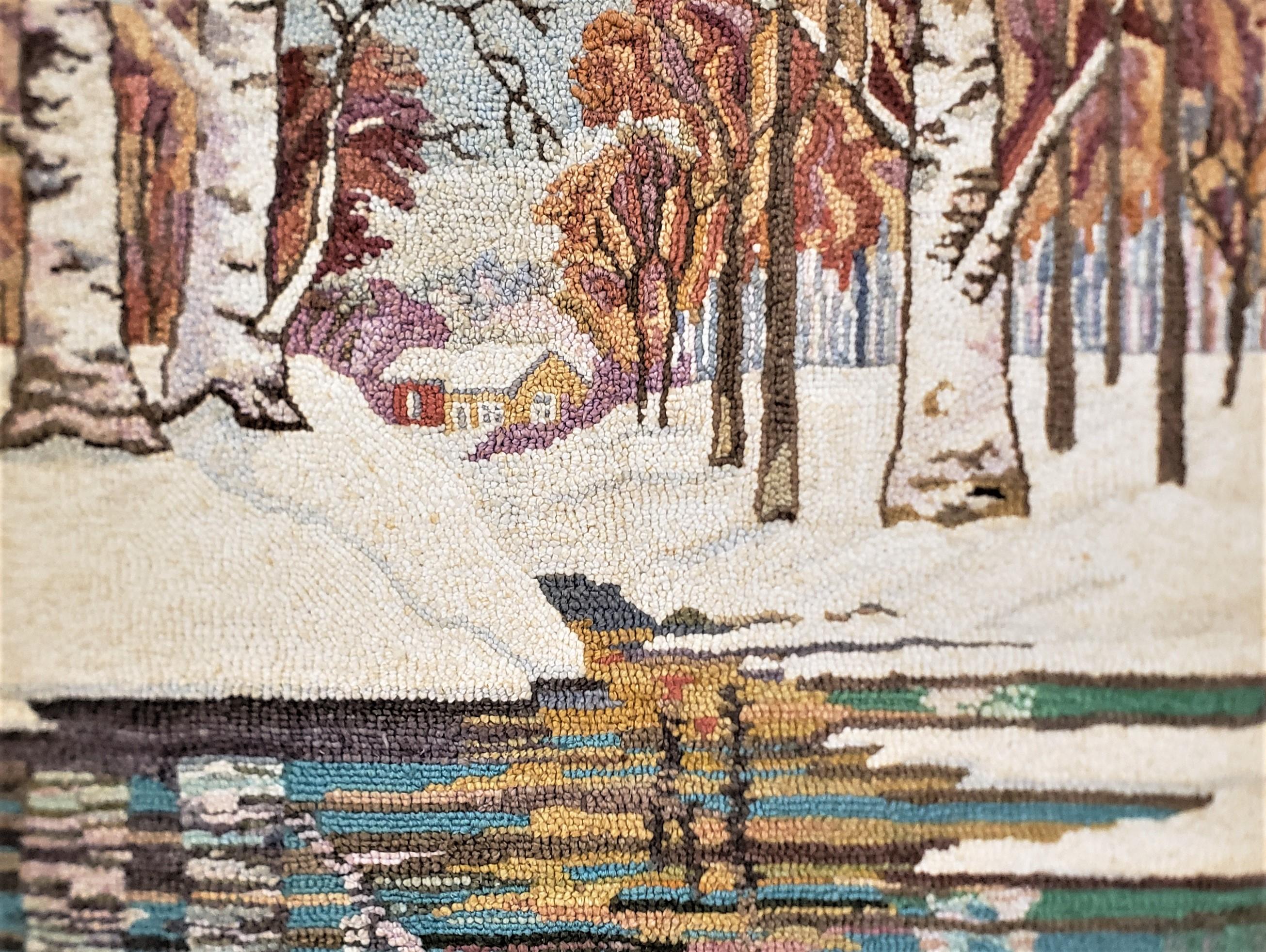 20th Century George Edouard Tremblay Folk Art Hooked Rug, Mat or Tapestry of a Winter Scene For Sale