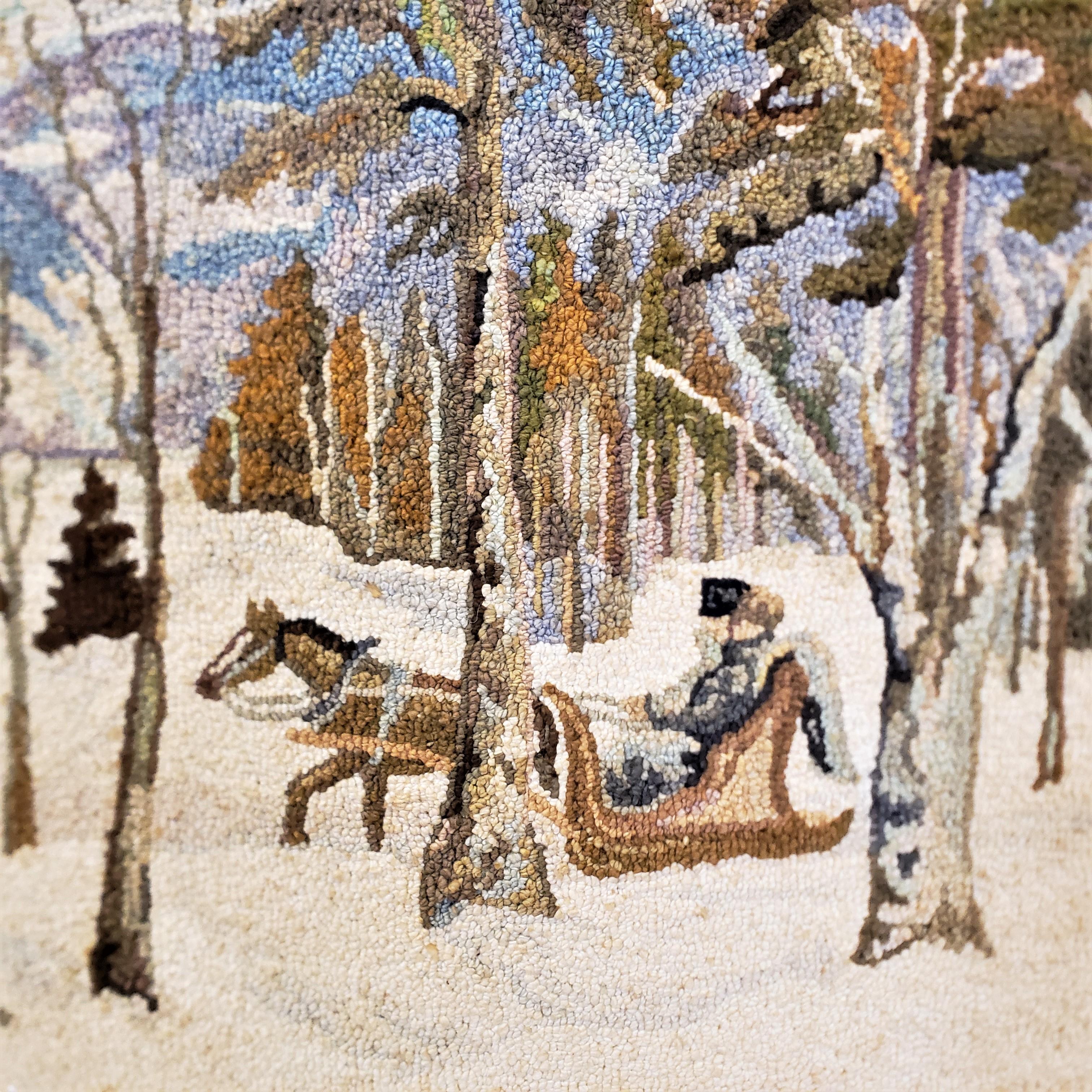20th Century George Edouard Tremblay Folk Art Hooked Rug, Mat or Tapestry of a Winter Scene For Sale