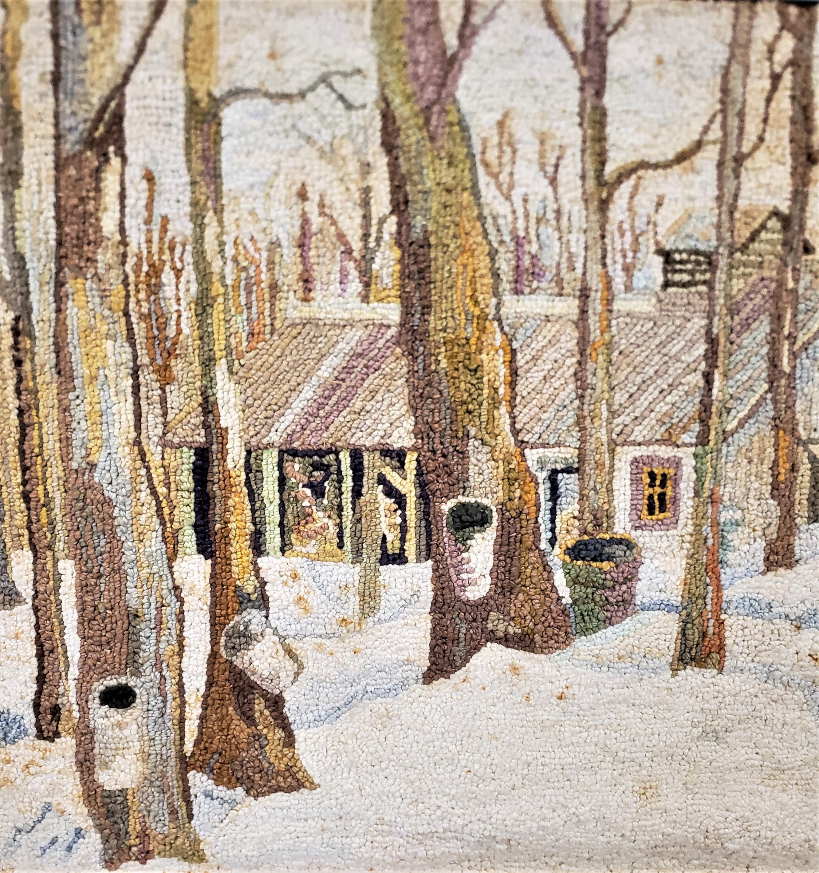 Wool George Edouard Tremblay Folk Art Hooked Rug, Mat or Tapestry of a Winter Scene For Sale