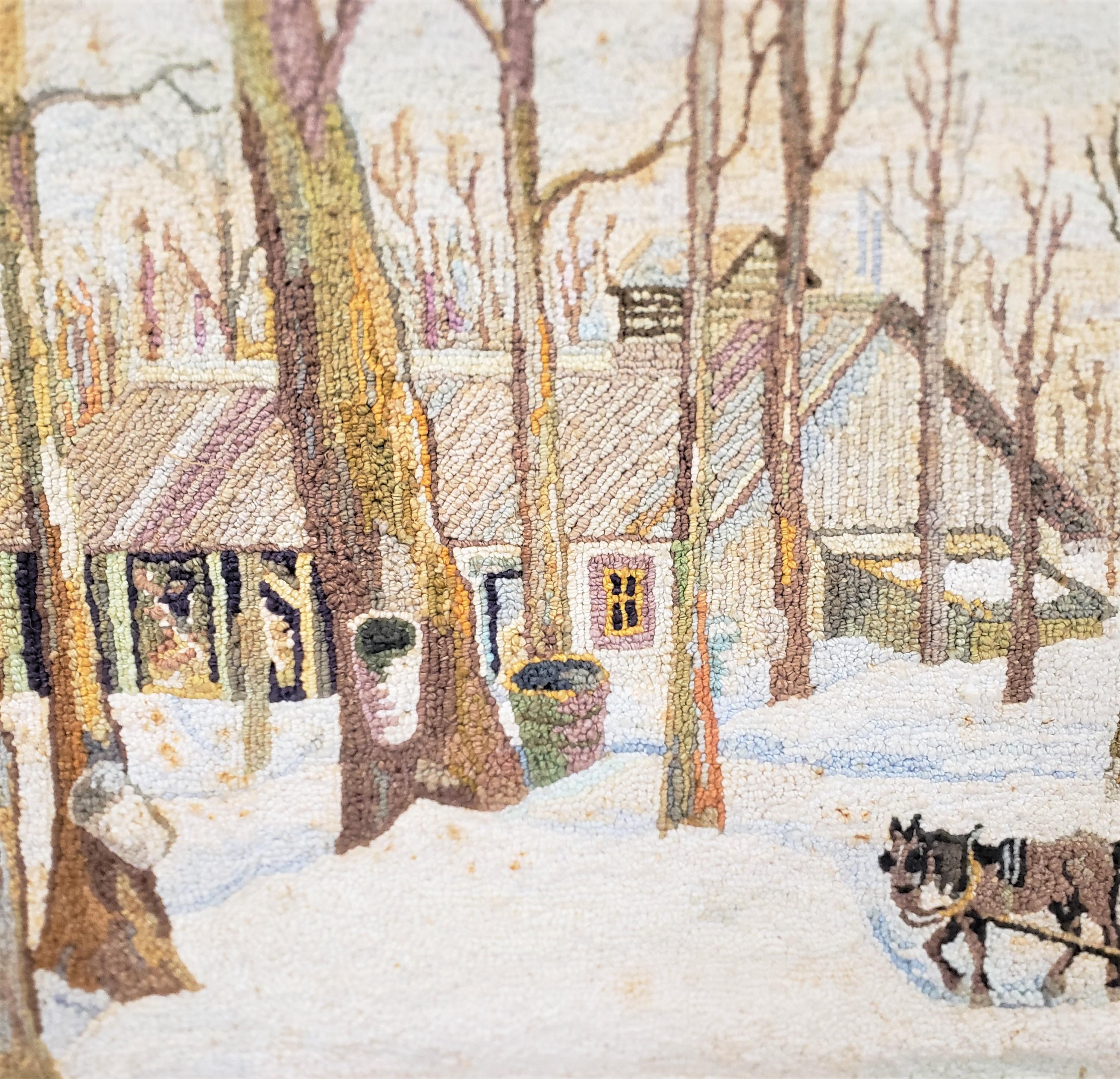 George Edouard Tremblay Folk Art Hooked Rug, Mat or Tapestry of a Winter Scene For Sale 1