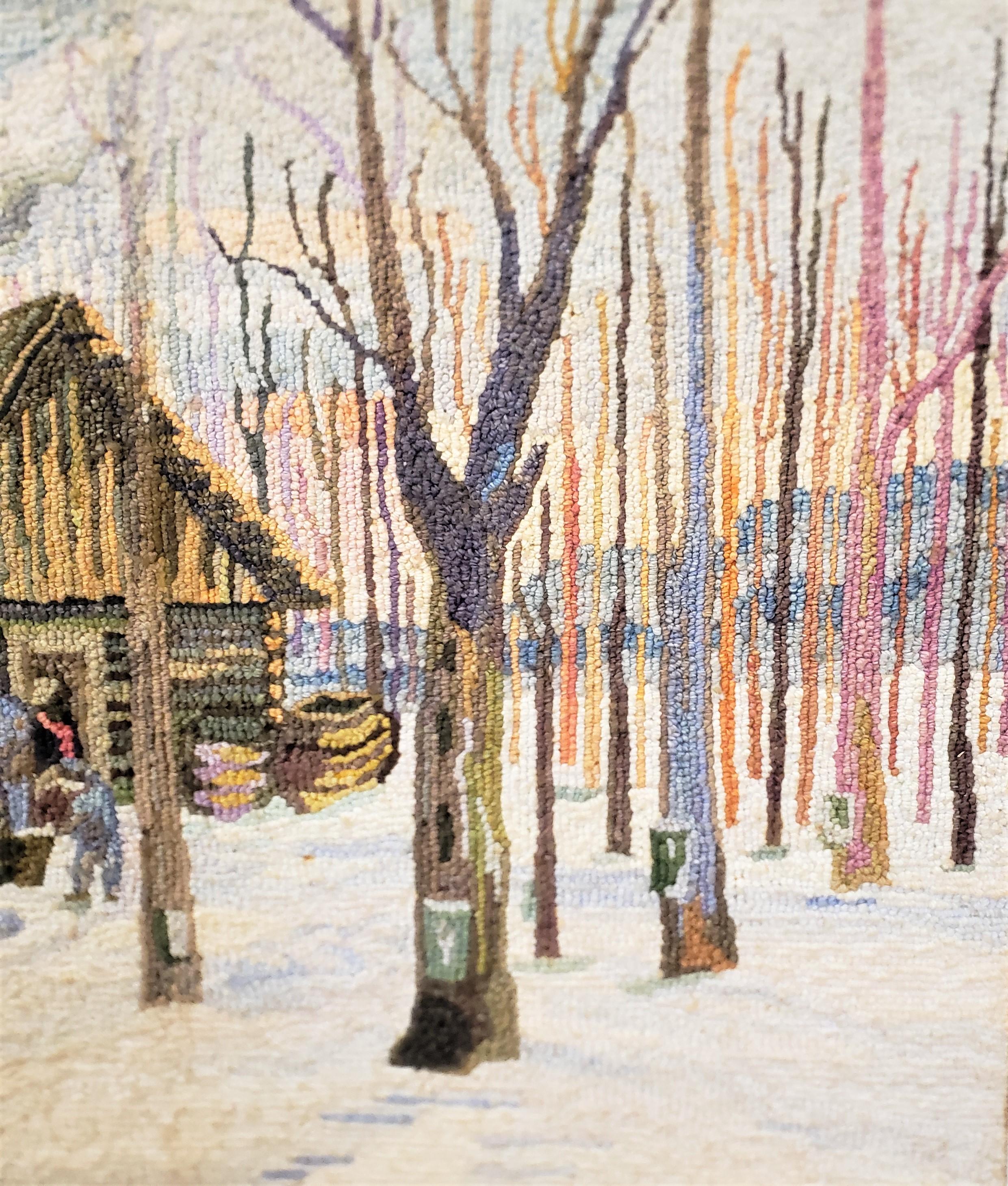 Laine Tapis à capuche d'art populaire de George Edouard Tremblay, tapis ou tapisserie représentant une scène d'hiver en vente
