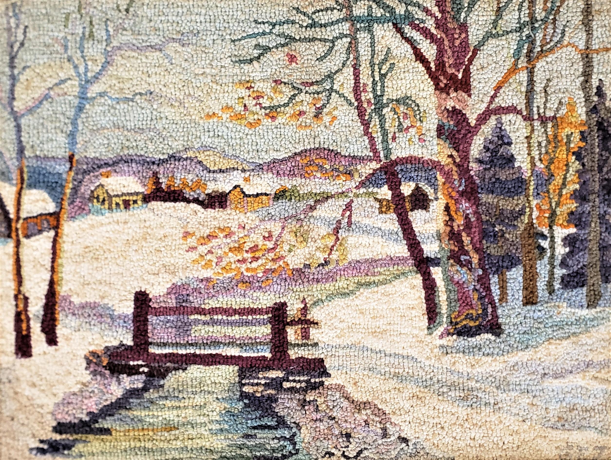 George Edouard Tremblay Folk Art Hooked Rug, Mat or Tapestry of a Winter Scene For Sale 2