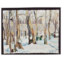George Edouard Tremblay Folk Art Hooked Rug, Mat or Tapestry of a Winter Scene