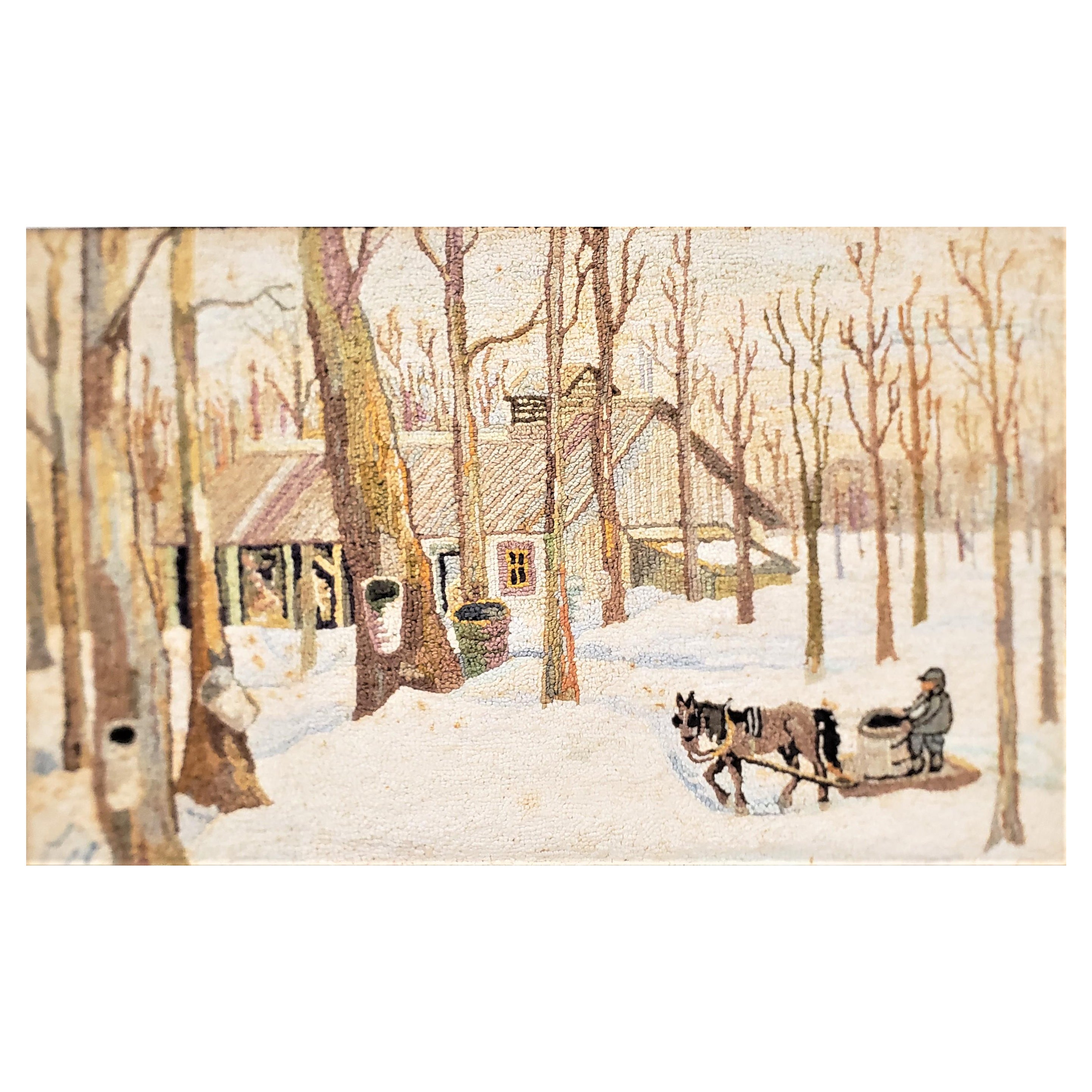 George Edouard Tremblay Folk Art Hooked Rug, Mat or Tapestry of a Winter Scene