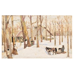 George Edouard Tremblay Folk Art Hooked Rug, Mat or Tapestry of a Winter Scene