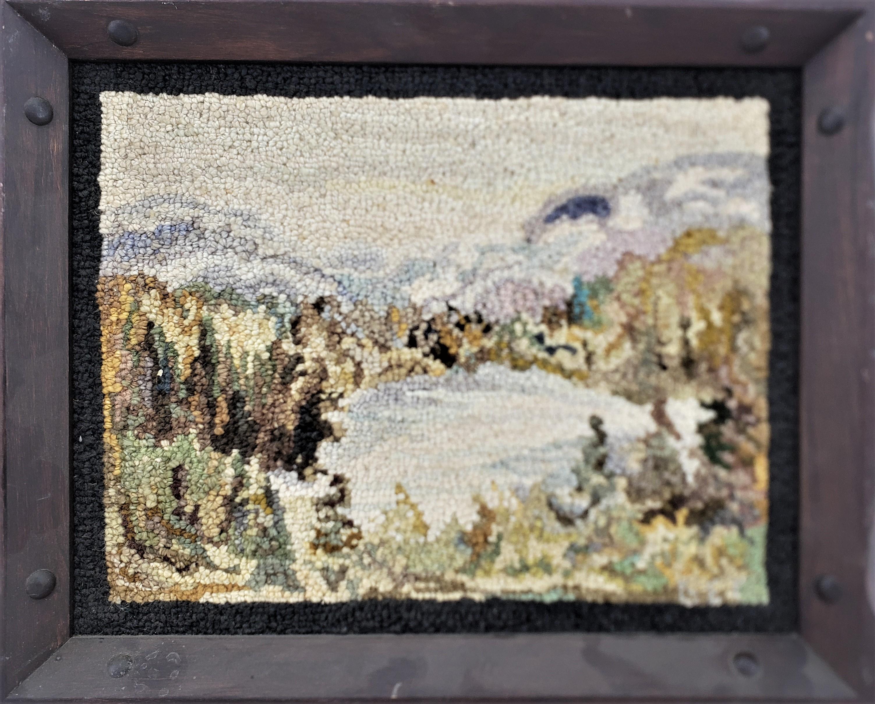 George Edouard Tremblay Folk Art Hooked Rug, Mat or Tapestry of an Autumn Scene In Good Condition For Sale In Hamilton, Ontario