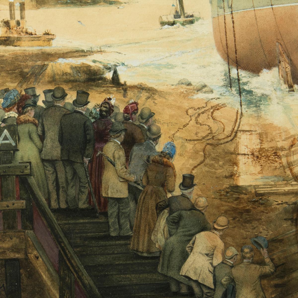 Peinture George Edward Horton : le lancement du H.M.S. 'Victoria' depuis le chantier naval d'Elswick en vente