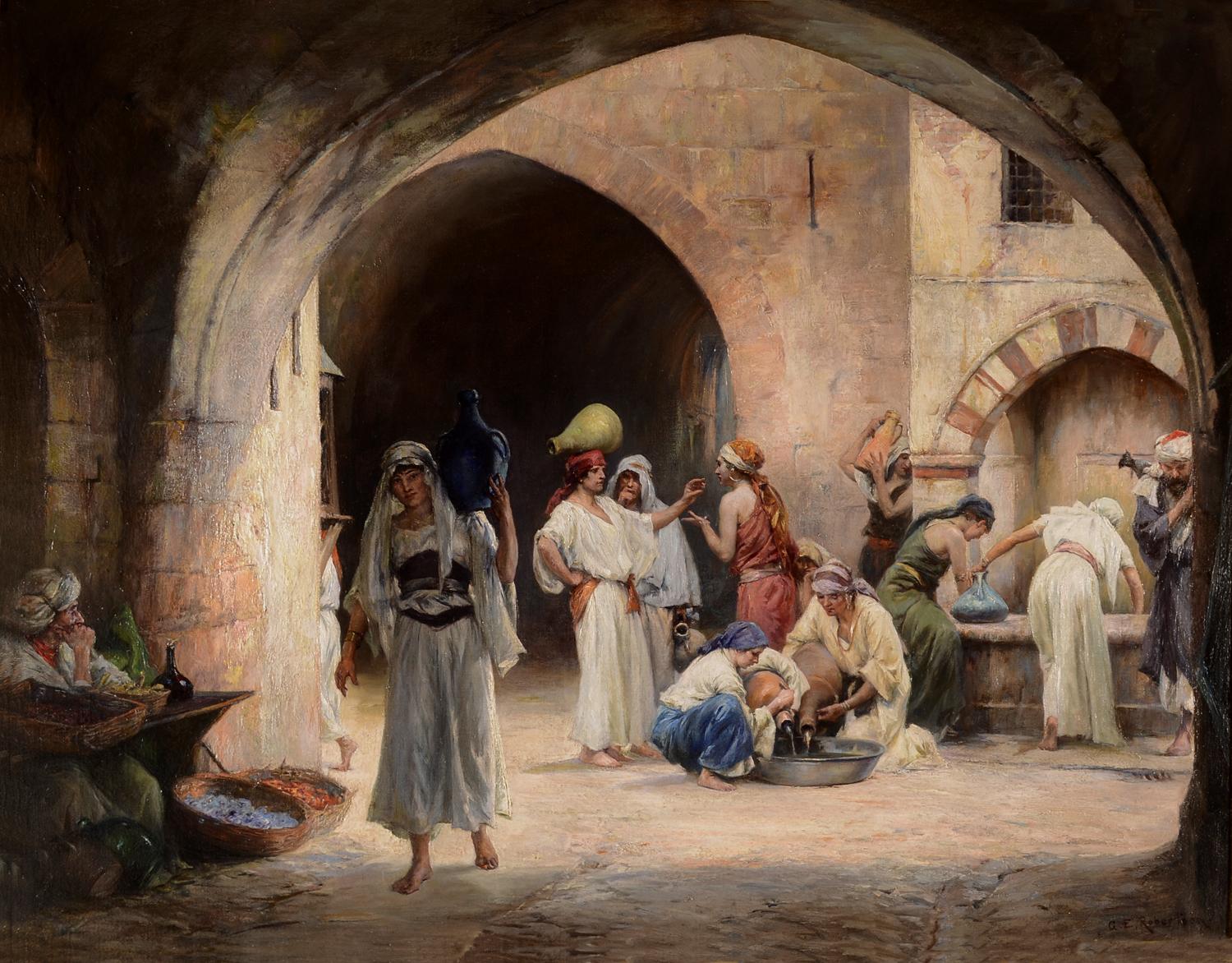 George Edward Robertson Figurative Painting - At the Well, Late 19th Century Orientalist Signed Oil Painting