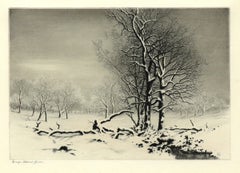 Signed George Elbert Burr Winter Landscape Lithograph, Snow-Covered Trees