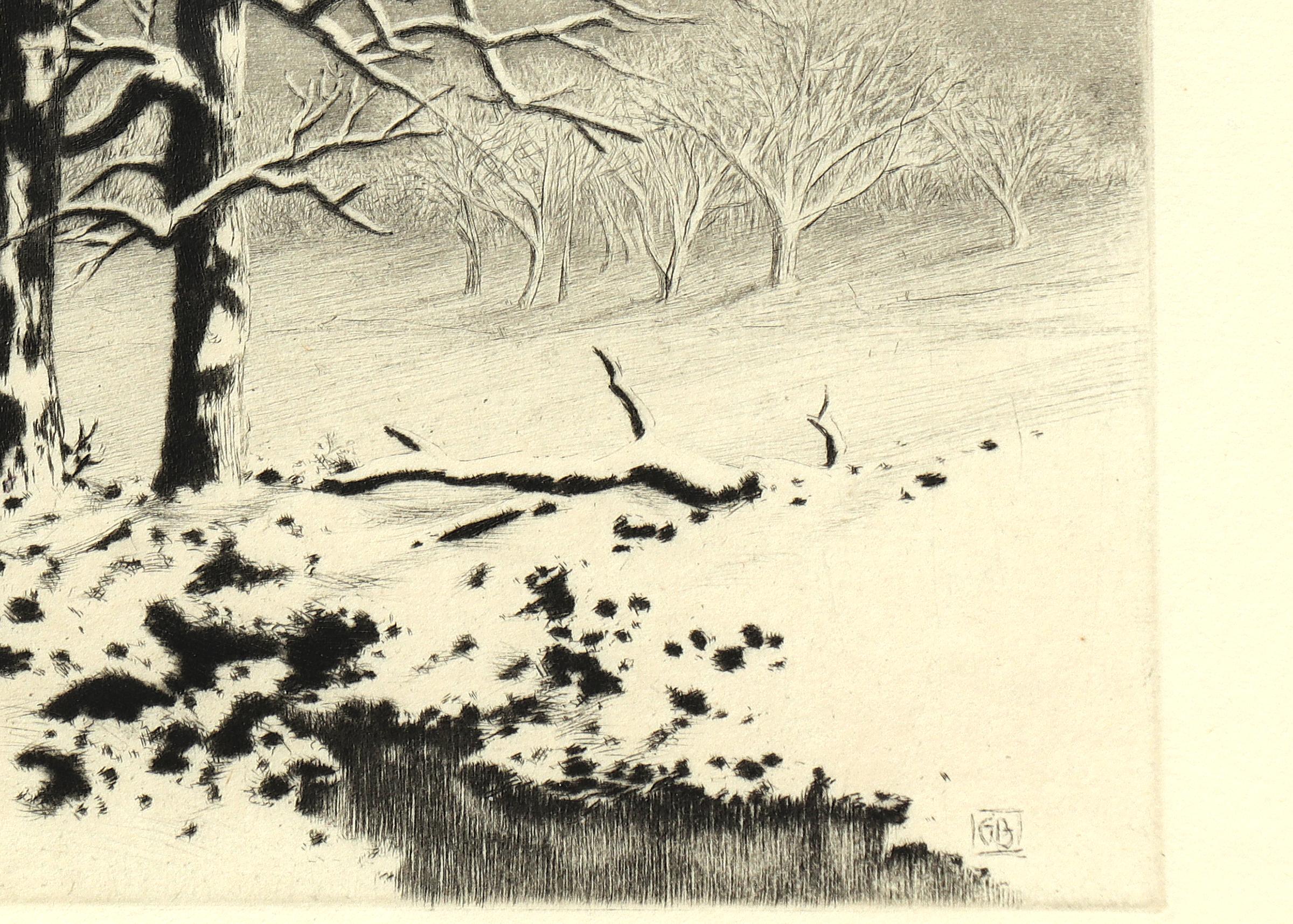 Original Signed Lithograph Print of a Winter Landscape with Snow and Trees - Beige Landscape Print by George Elbert Burr