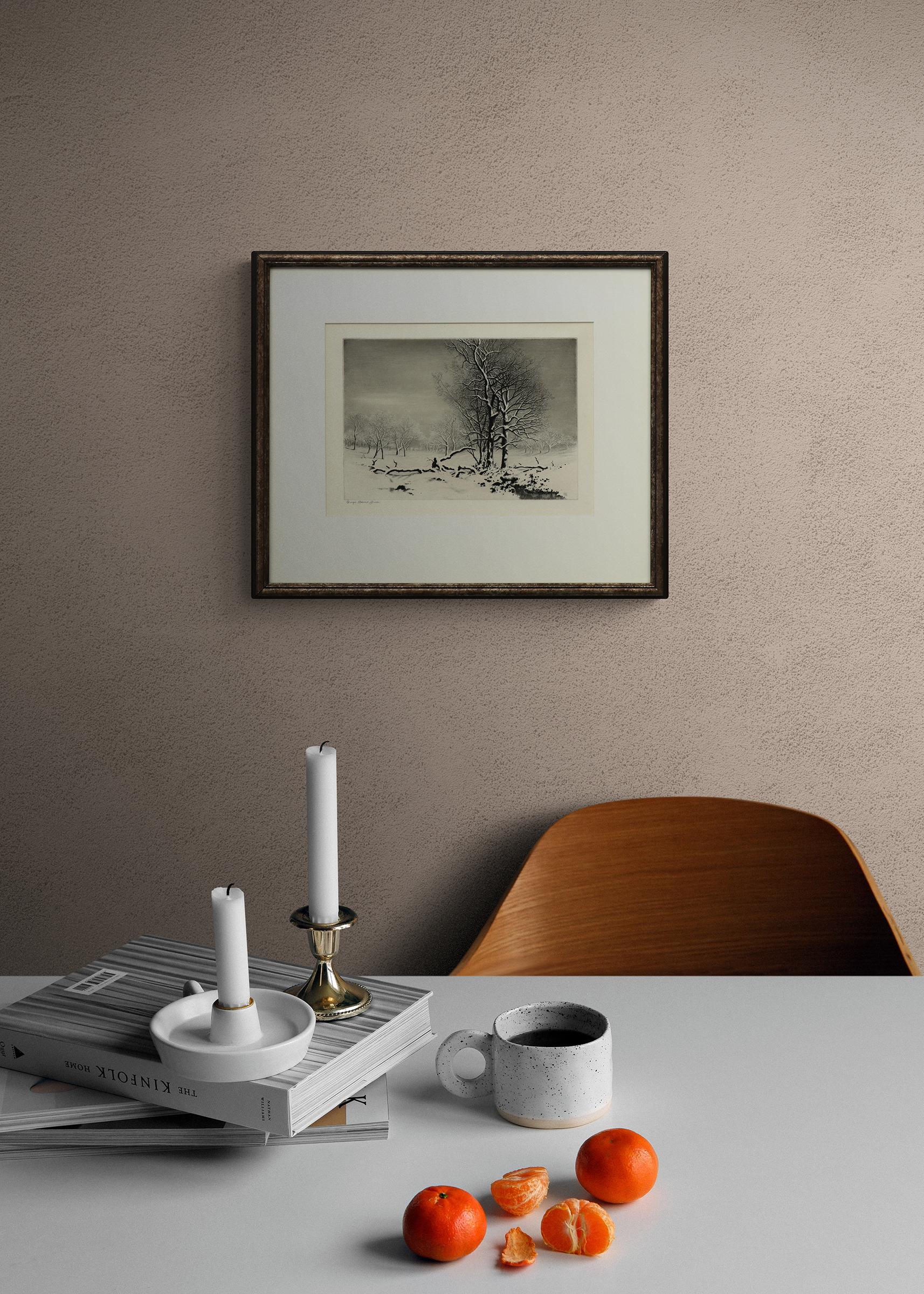 Original Signed 1920s Lithograph Print of Winter Landscape with Snow and Trees For Sale 1