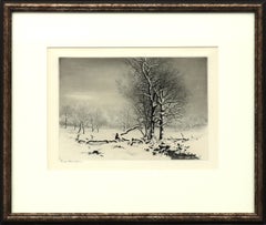 Vintage Original Signed Lithograph Print of a Winter Landscape with Snow and Trees