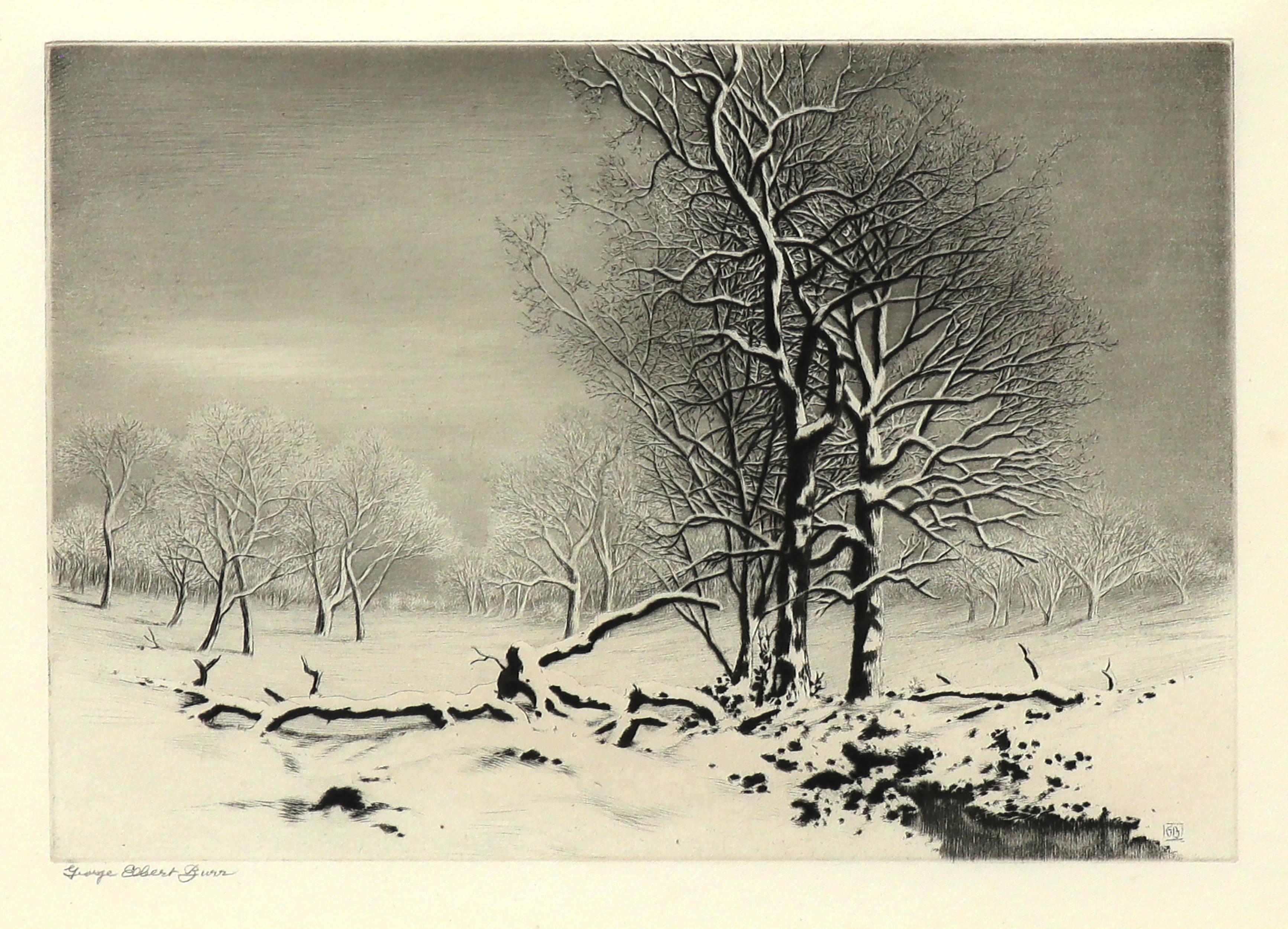 Signierte George Elbert Burr Winterlandschaft Lithographie, Schneebedeckte Bäume