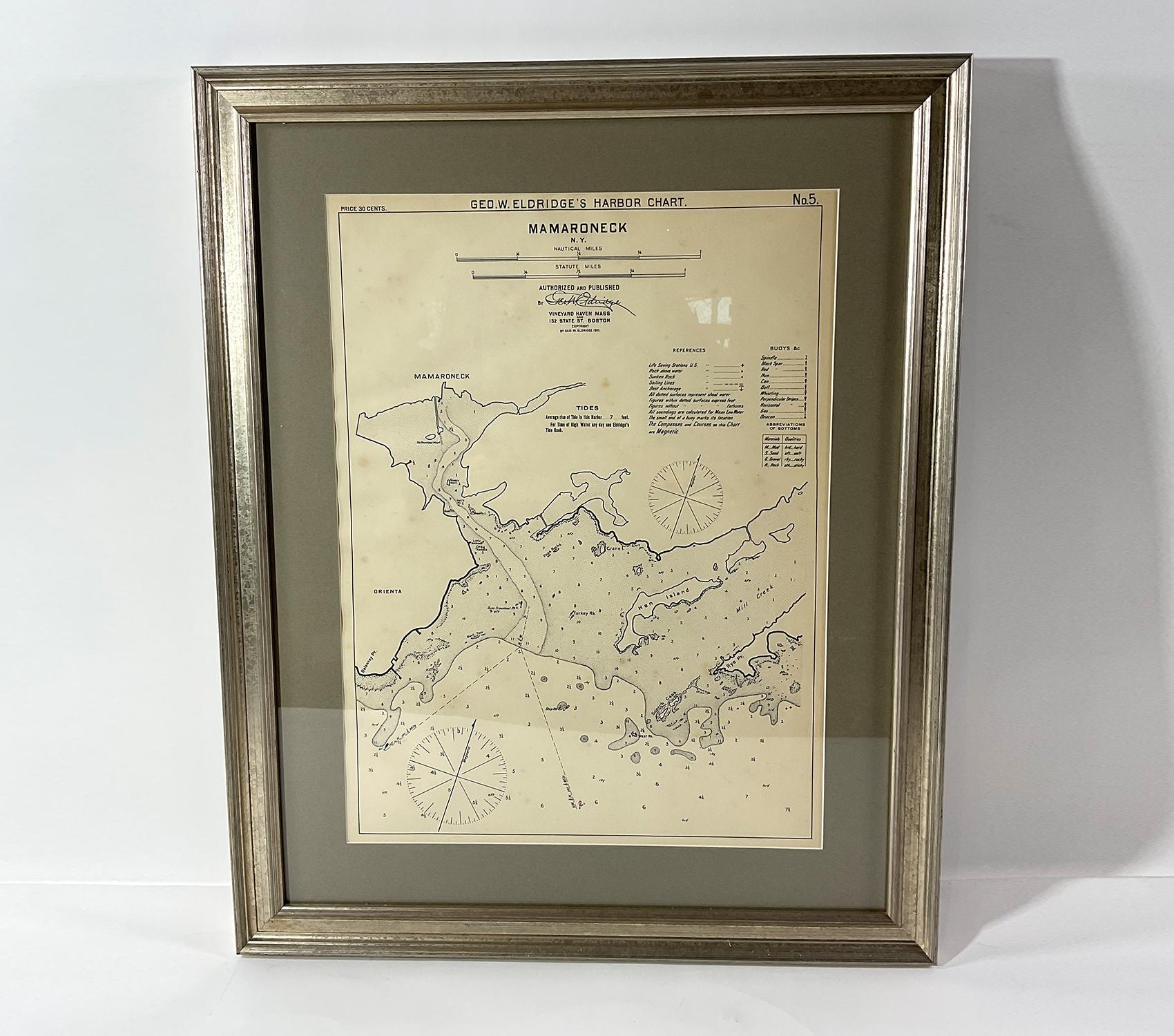1901 Chart of Mamaroneck, New York. Showing Mamaroneck harbor, Hen Island, Rye Point, Scotch Caps, Orienta, Delancey Point, etc.. Chart is by George Eldridge of State St., Boston. Dated 1901.