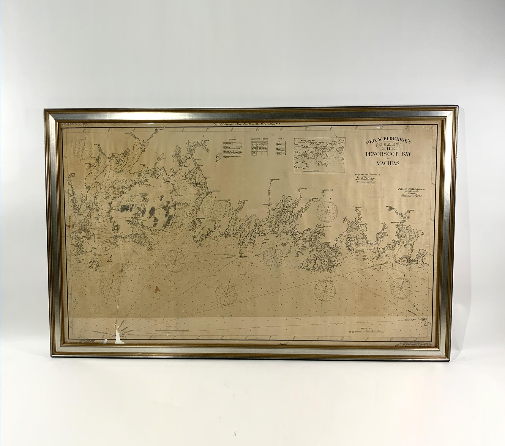 Original 1898 ocean chart by George W. Eldridge showing the Maine coast from Penobscot Bay to Machias. Great nineteenth century chart showing countless harbors and islands including Jonesboro, Indian River, Petit Manan, Winter Harbor, Blue Hill, Bar