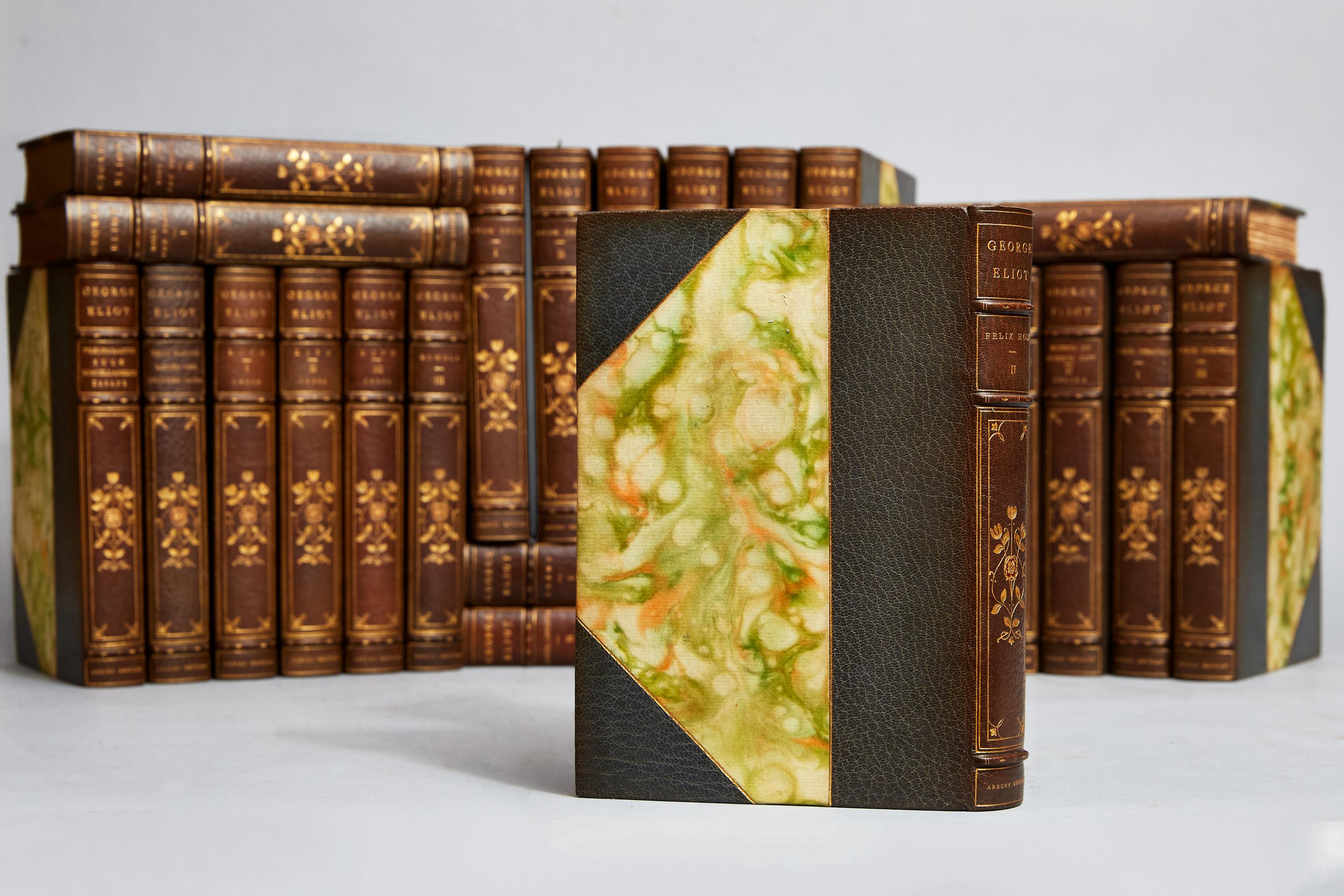 “Arbury Edition”

Bound in 3/4 slate grey morocco, marbled boards, top edges gilt, raised bands, floral gilt on spines. Illustrated with numerous photogravure Plates, with George Eliot’s Life by her Husband, J.W.Cross.

Published: Boston, Dana