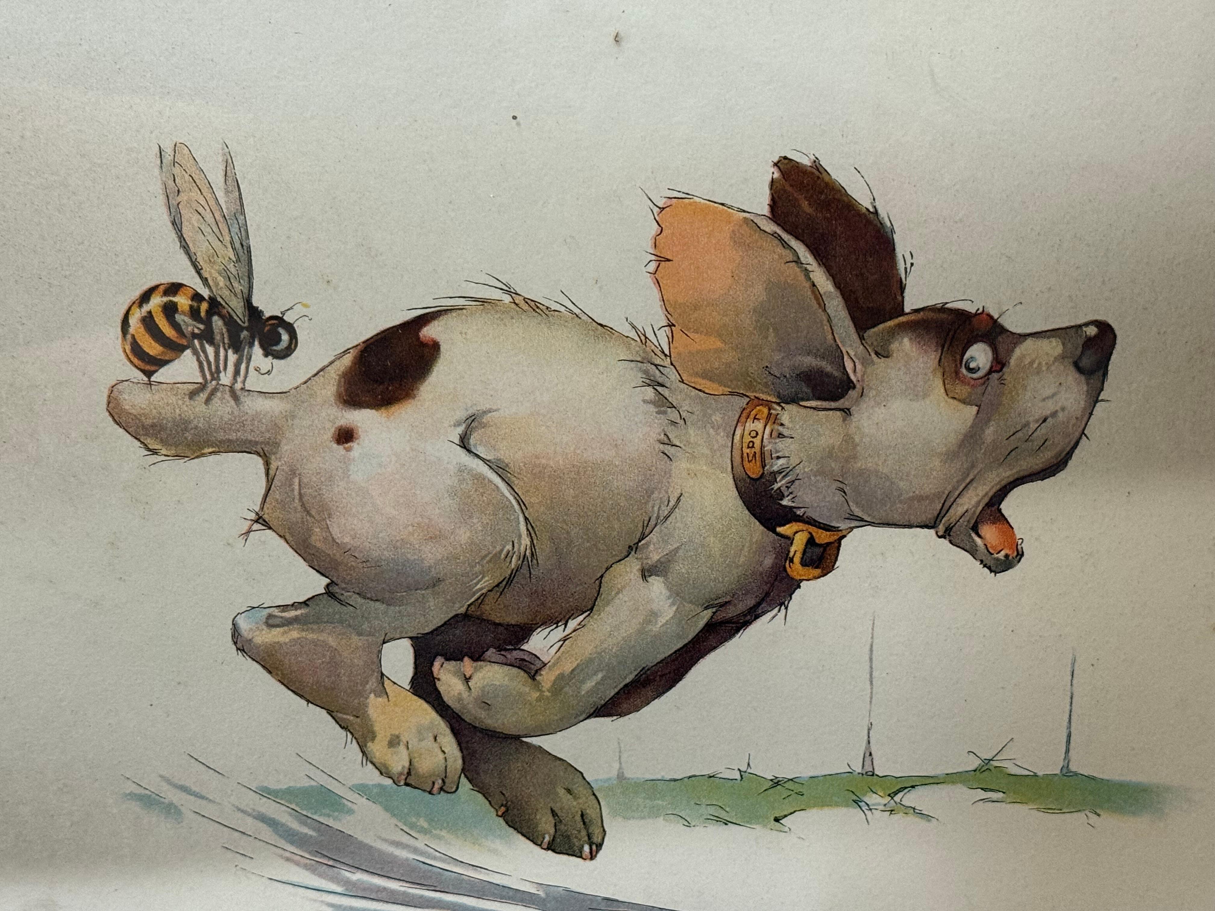 A playful vintage print by George Ernest Studdy, depicting a startled puppy pursued by a buzzing bee. Beneath the scene, the humorous motto reads: “When you are on a good thing, stick to it!”, underscoring the lighthearted wit that characterizes
