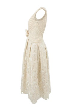 George F Couture Late 80s - 90s Ivory Fortuny-Pleat Bridal Gown Flower Appliqué